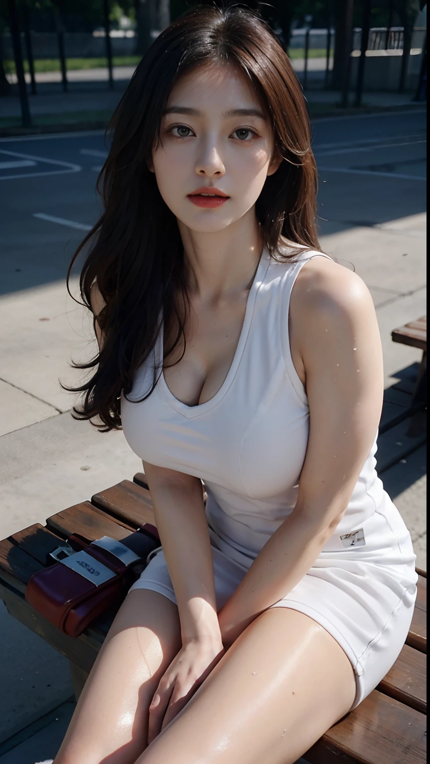 Top quality, 超高分辨率, (Photorealistic: 1.4), 8K resolution, (Woman in white basketball suit), (Random hair: 1.3), (photo-realistic hair: 1.2), (Realistic eyes: 1.2), (beautfully face: 1.3), (Large breasts:1.3), (Wet skin: 1.2),(Dynamic Angle:1.1),(full bodyesbian)sweat leggs,Sit on the bench