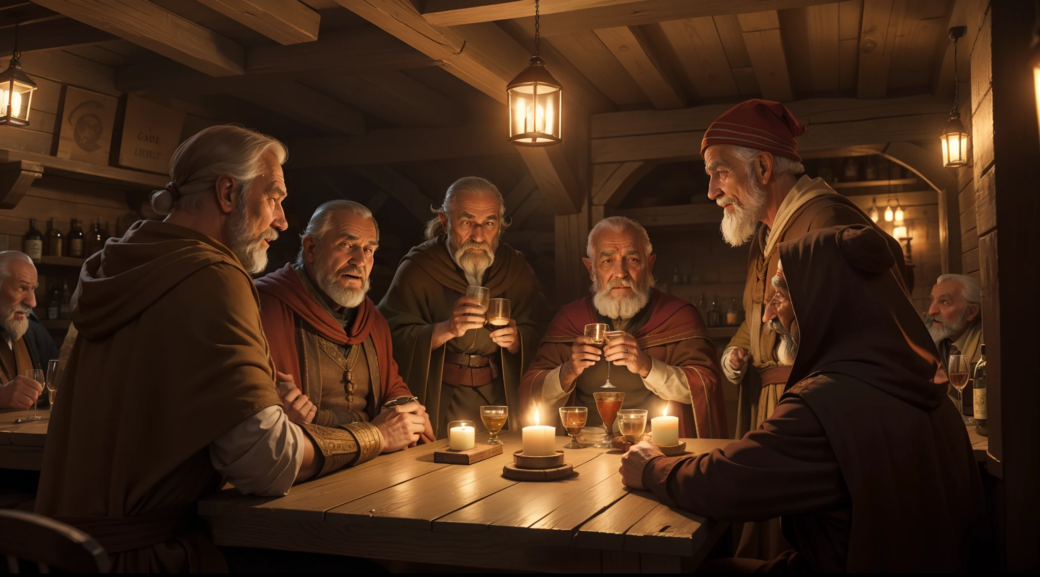 A large brown-robed wizard converses with several dwarves in a tavern, old man stand up, drinking, taberna escura, luz de velas, varias pessoas conversado