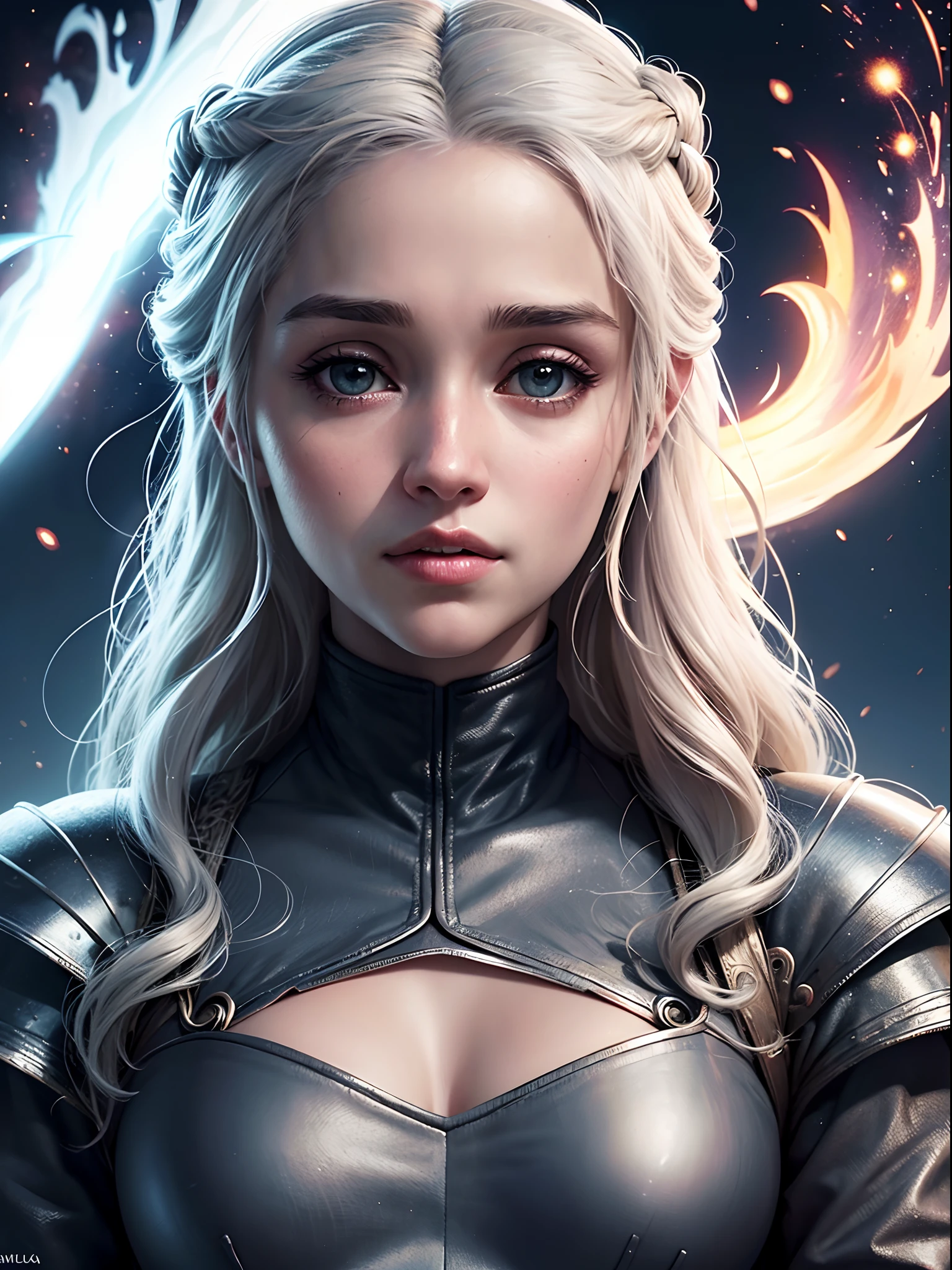 1garota, Daenerys  zangada, close-up, fogo em seus olhos, glittering particles