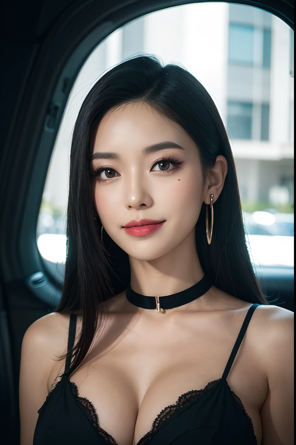 black hair, hair bobbles, longeyelashes, solid circle eyes, light smile, mole under eye, heart earrings, light smile, shy, puckered lips, Surrealism, drop shadow, stereogram, pov, atmospheric perspective, depth of field, first-person view, f/1.8, 8k, super detail, ccurate, best quality, highres, best quality,full body