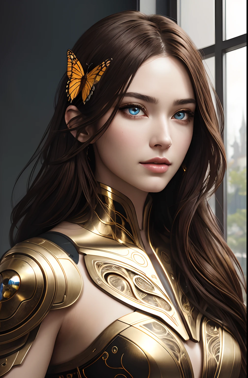 8k portrait of beautiful cyborg with brown hair, Intricate, elegant, Highly detailed, Majestic, Digital photography, art by artgerm and ruan jia and greg rutkowski surreal painting gold butterfly filigree, Broken glass, (Masterpiece, side-lighting, fine detailed beautiful eyes: 1.2), hdr, (Detailed background window for the new dimension, plants and flowers:0.7) unlimited, Infinity symbol,