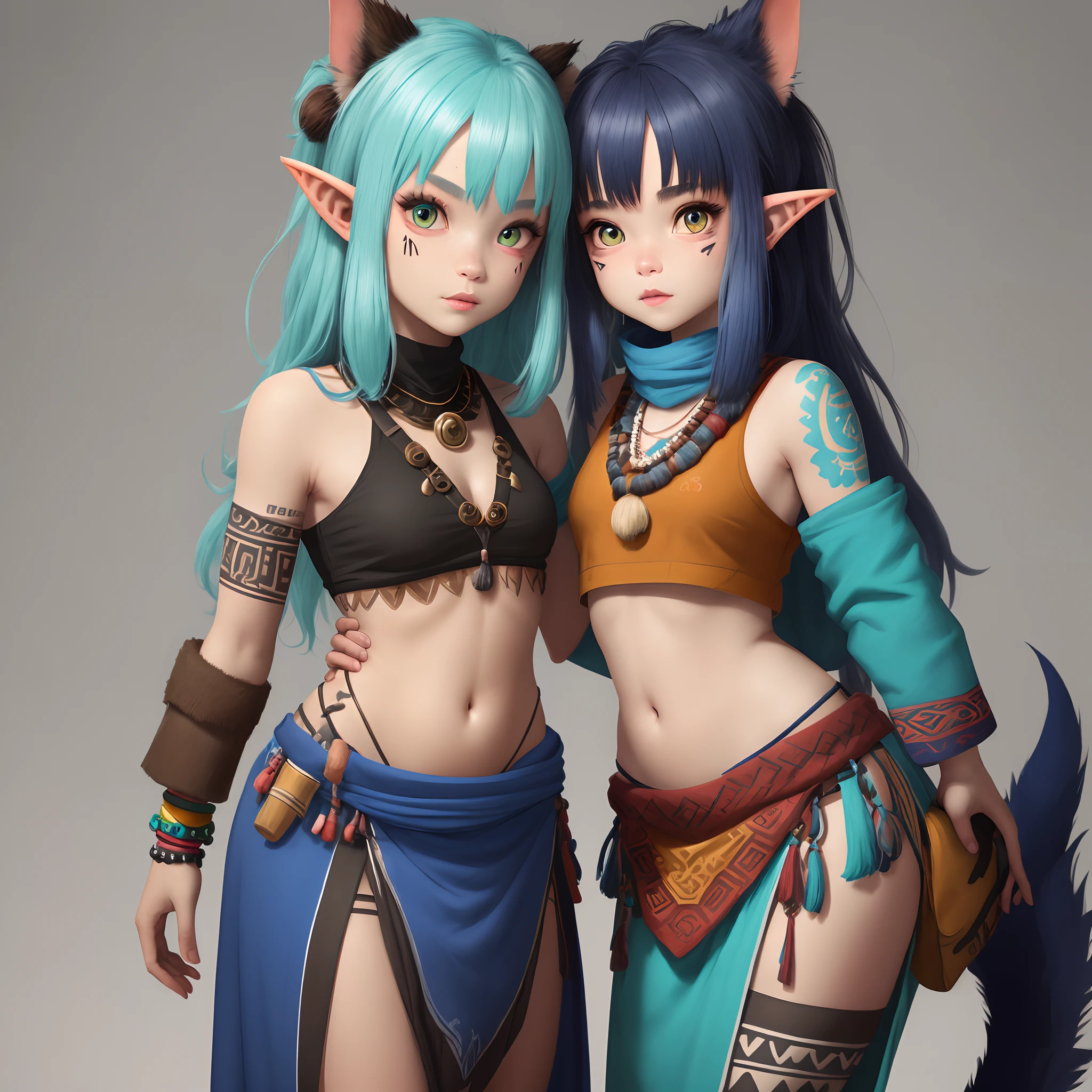 A small, female goblin with greenish yellow skin. Her eyes are gray blue, and she has straight, dark blue hair. She wears a hide style tribal outfit, befitting of a tribal alchemist. It consists of a tribal crop top and a tribal style long skirt with a split in the thigh. The goblin has teal blue tribal paint markings on her arms. She also a tail with dark blue tuff at the end that matches her hair. It has a small pouch attached to it.