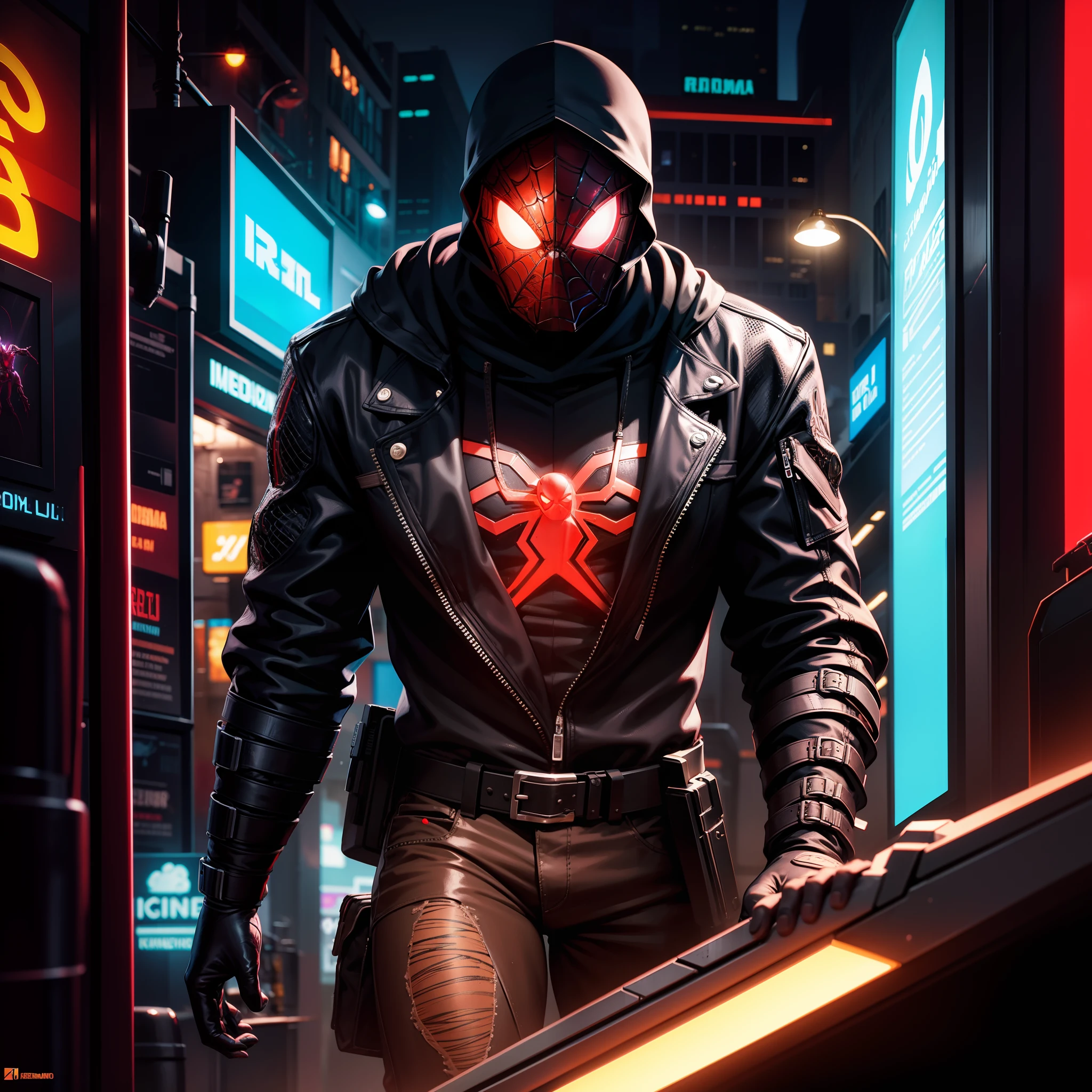 Homem-aranha cyberpunk, Neon light, realista, post apocalyptic future