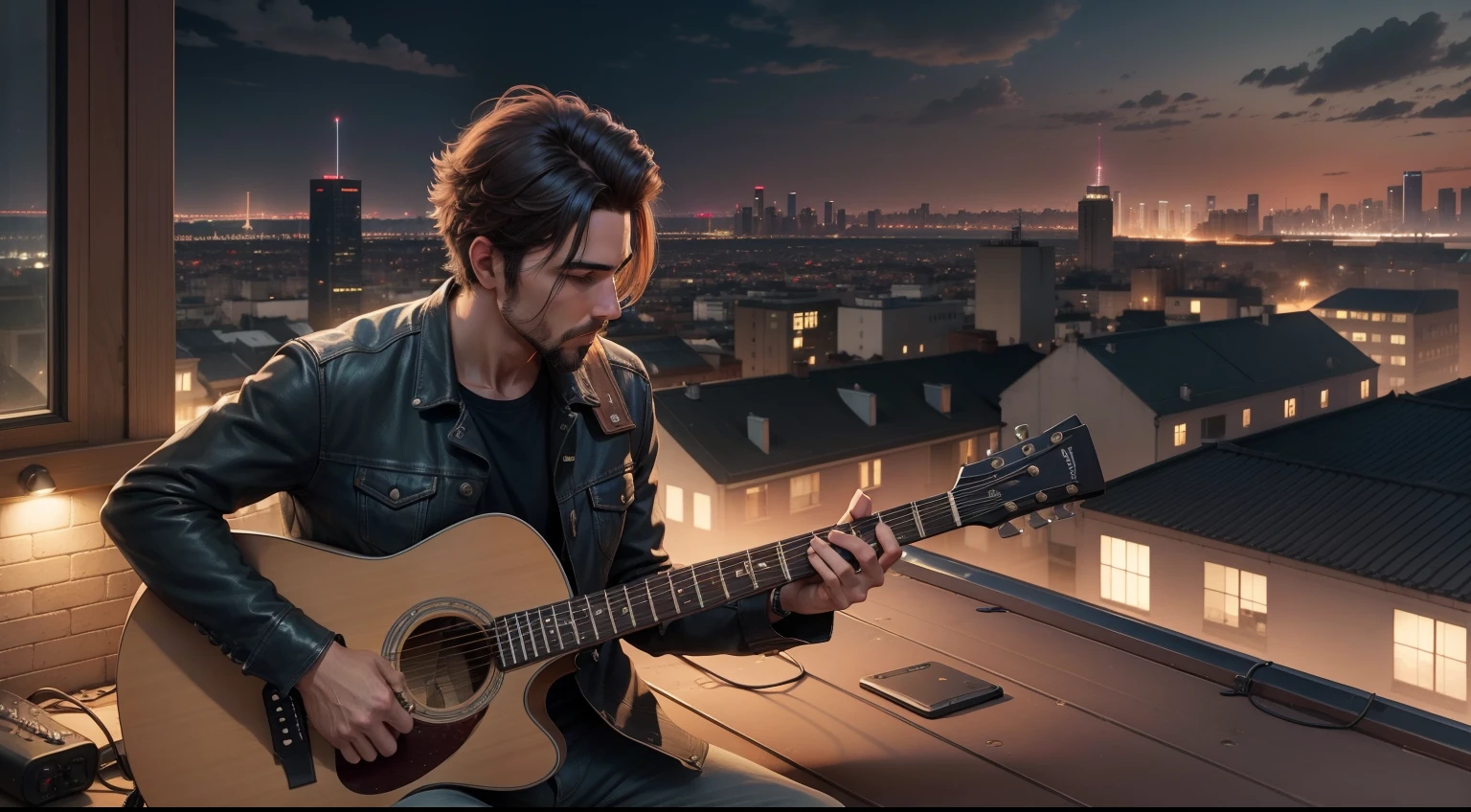 A man setting at roof, beer, guiter, city in the front