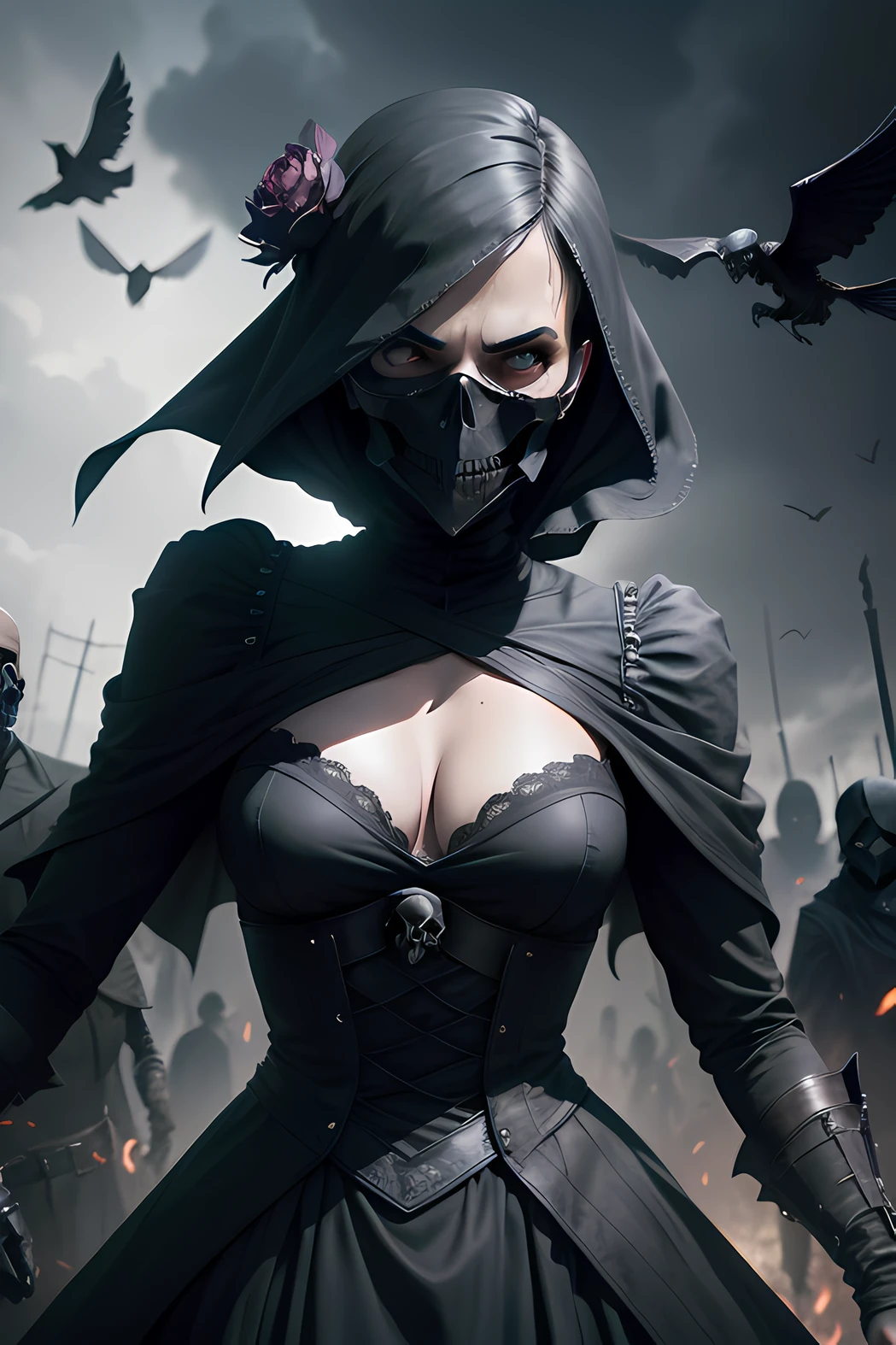 Dark Death Lady, skull face, torn clothes, aged, ancestor, surrounded by living dead, flying overhead, levitating, high quality image