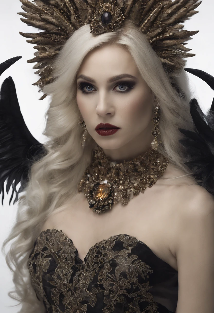 one-girl,Pentagram tattoo,silber hair,Cat's eye pupil,Heteropupil,devil horns,Devil wings,demon tail,Demon armor,A queen,Gold-tone stiletto heels,contempt eyes,Wearing a crown,Wearing a collar,wearing silk stockings,hell,Burning flames,Spooky environment