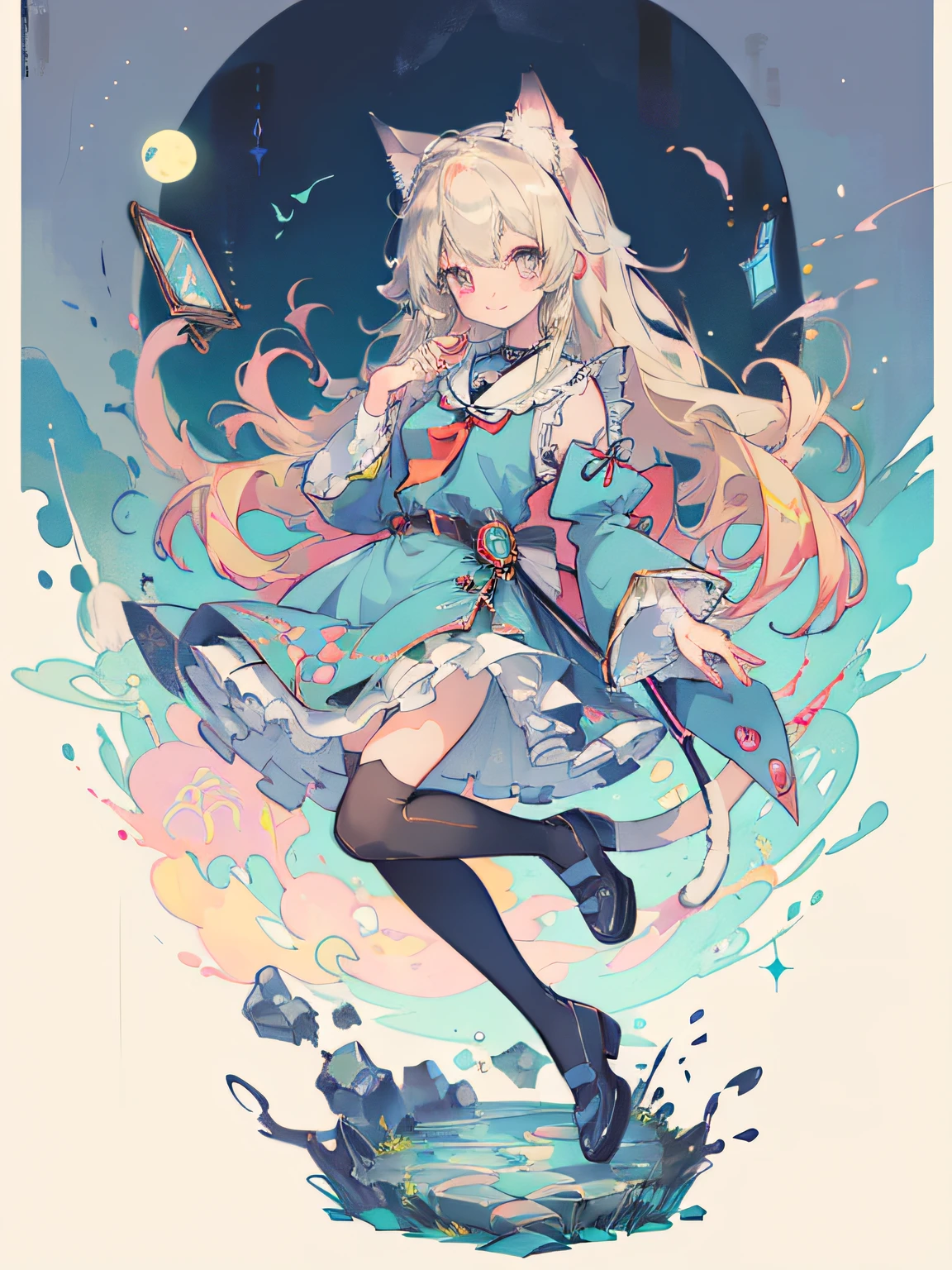 ((masterpiece, best quality: 1.1), ((Anime girl in blue dress with magic wand)), anime cat girl in a maid costume, Lori, a blond、The long-haired、Very Beautiful Anime Cat Girl, anime catgirl, (white knee highs), attractive cat girl, inspired by Leiko Ikemura, aya takano color style, in ryuuou no oshigoto art style, Cat Girl, touhou character, Rei Hiroe、With a smile