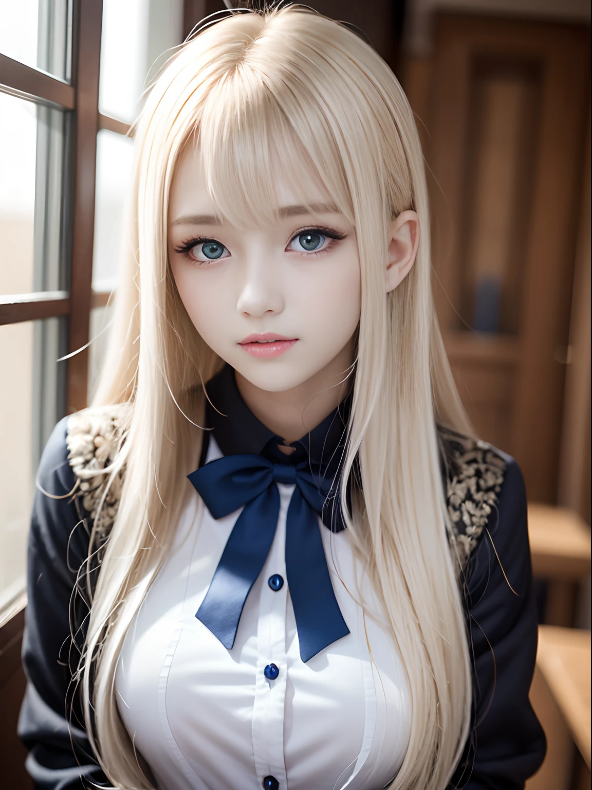 portlate、School Uniforms、bright expression、Young shiny shiny white shiny skin、Best Looks、Blonde reflected light、Platinum blonde hair with dazzling highlights、shiny light hair,、Super long silky straight hair、Beautiful bangs that shine、Glowing crystal clear attractive big blue eyes、Very beautiful nice cute 16 year old girl、Lush bust、