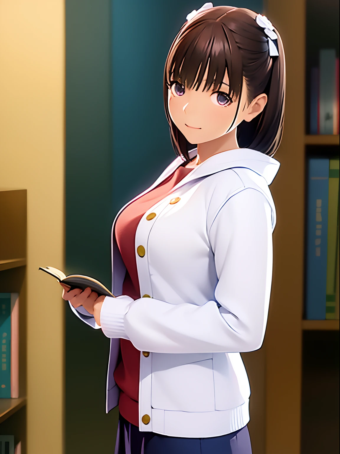masutepiece,hight resolution,in 8K,Best Quality,detaileds,semi - realistic anime,Anime 3D Style,Smooth Anime CG,1 girl in,20 year old woman in Japan,slim,modeled,shiny chestnut hair,Medium Hair,Detailed face,Beautiful and detailed eyes,Glowing skin,portlate,book library,((Woman with a book)),{White jacket},Blurry background,