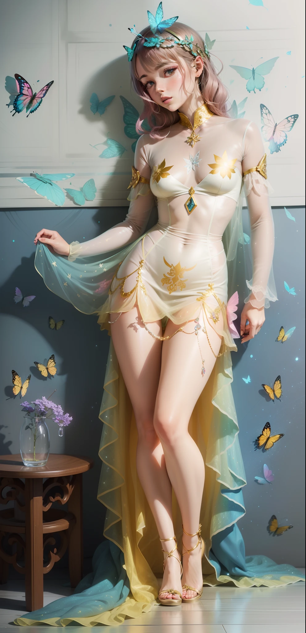 ultra detailed cel shading drawing of a fairy with holographic dress flying, holographic dress, blushed, magical forest intricately detailed, butterflies, tiny fireflies, stuningly beautiful face, focus on face, dynamic pose, holographic, light particles, ultra detailed, hit definition, 32k resolution, best quality, flat lighting, flat colors, manga, anime, cartoon, vector, (colorful and vibrant) ((high saturation))