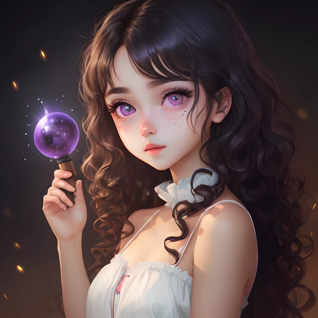 A Girl, Dark Dark Hair color, Curly longe hair, Violet eyes, Shiny Eyes, Tan Skin, Big Eyes, Moles, Magical Background,