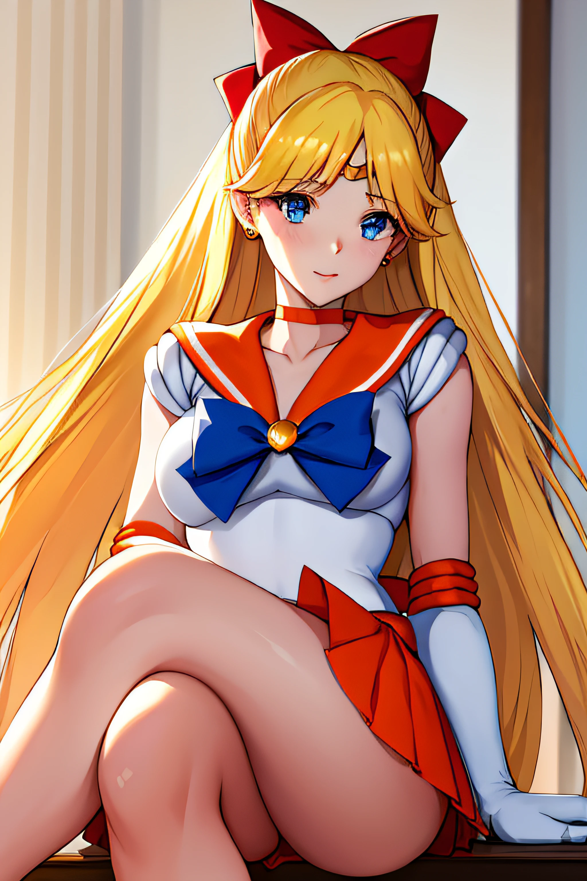 masterpiece, best quality, highres, venus1, 1girl, solo, sailor senshi uniform, sailor venus, aino minako, blonde hair, magical girl, blue eyes, orange skirt, elbow gloves, tiara, pleated skirt, hair bow, orange sailor collar, miniskirt, choker, red bow, orange choker, white gloves, very long hair, jewelry, earrings, sitting, crossed legs,