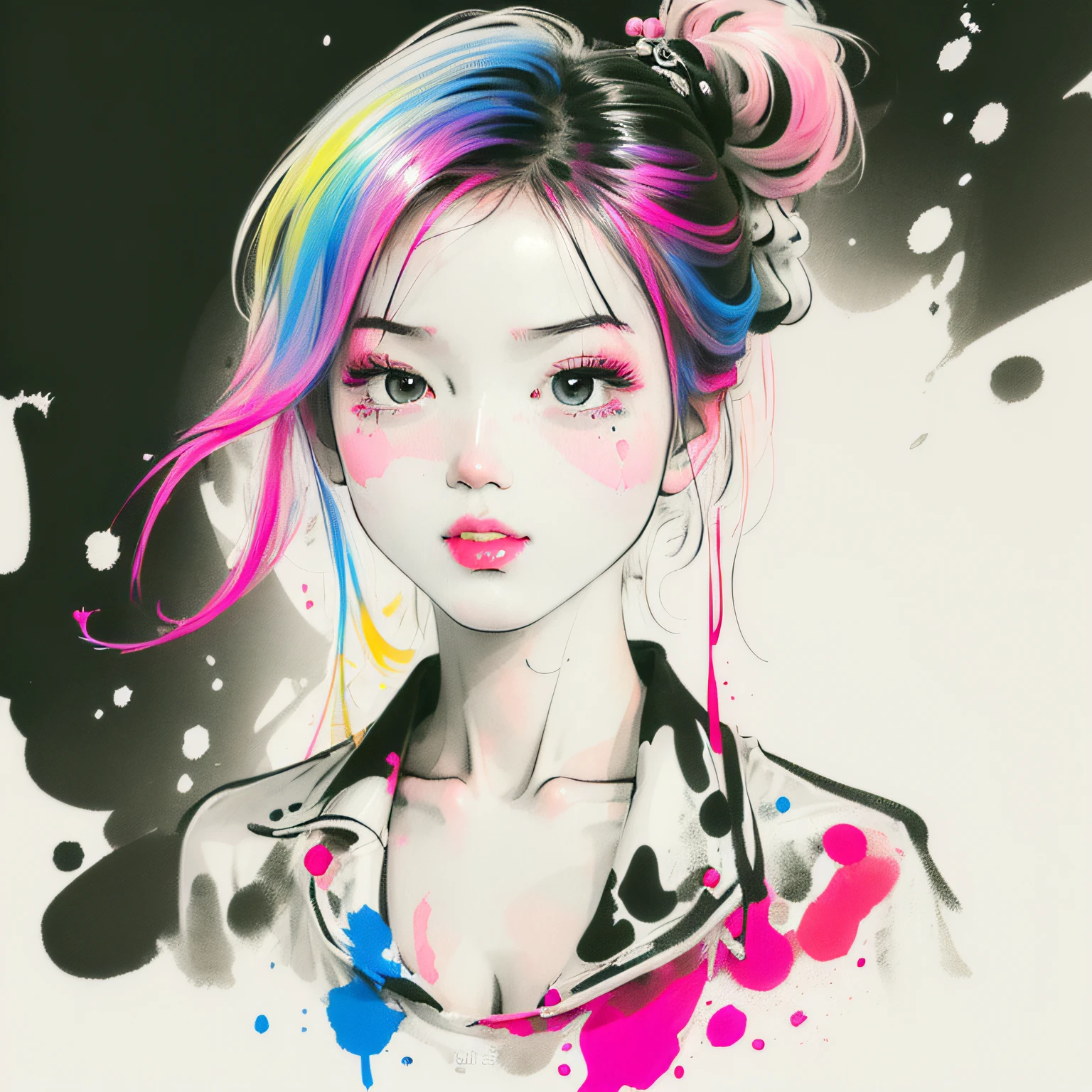 (Masterpiece, Best Quality, High Resolution), White Background, ((Paint Splash, Color Splash, Splash of Ink, Color Splash)), Sweet Chinese Girl, Rainbow Hair, Pink Lips, Front, Upper Body