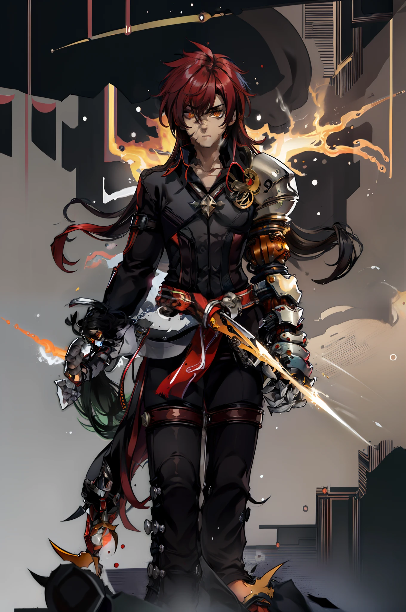 ravenc, 1boy, solo, black hair, long hair, black shirt, single mechanical arm, mechanical arms, bird, crow , raven cronwell, fire, red hair, yellow eyes