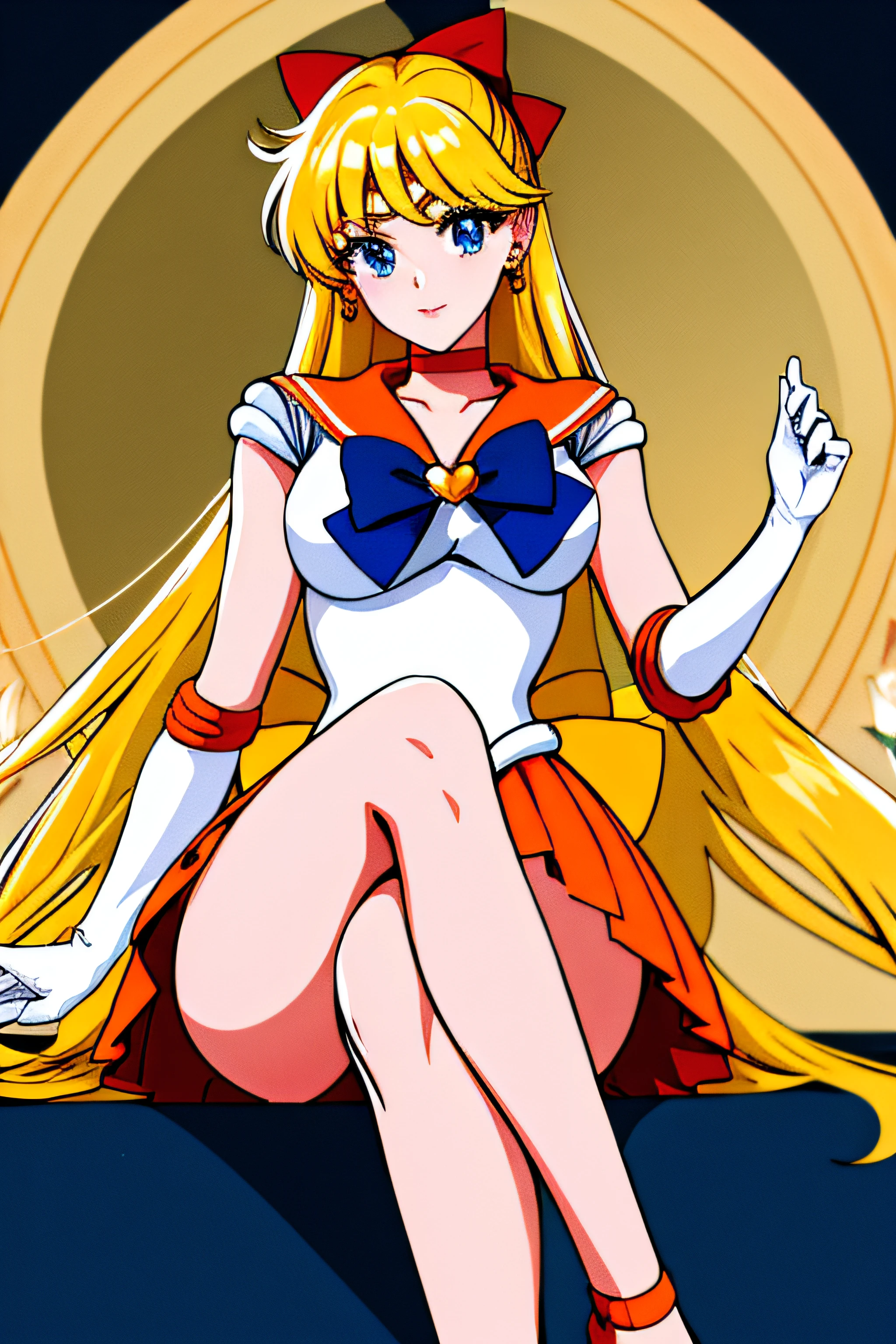 masterpiece, best quality, highres, venus1, 1girl, solo, sailor senshi uniform, sailor venus, aino minako, blonde hair, magical girl, blue eyes, orange skirt, elbow gloves, tiara, pleated skirt, hair bow, orange sailor collar, miniskirt, choker, red bow, orange choker, white gloves, very long hair, jewelry, earrings, sitting, crossed legs,