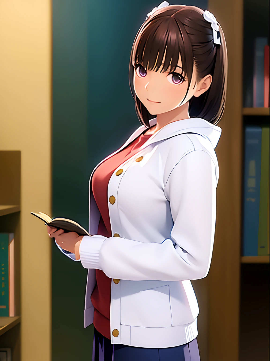 masutepiece,hight resolution,in 8K,Best Quality,detaileds,semi - realistic anime,Anime 3D Style,Smooth Anime CG,1 girl in,20 year old woman in Japan,slim,modeled,shiny chestnut hair,Medium Hair,Detailed face,Beautiful and detailed eyes,Glowing skin,portlate,book library,((Woman with a book)),{White jacket},Blurry background,
