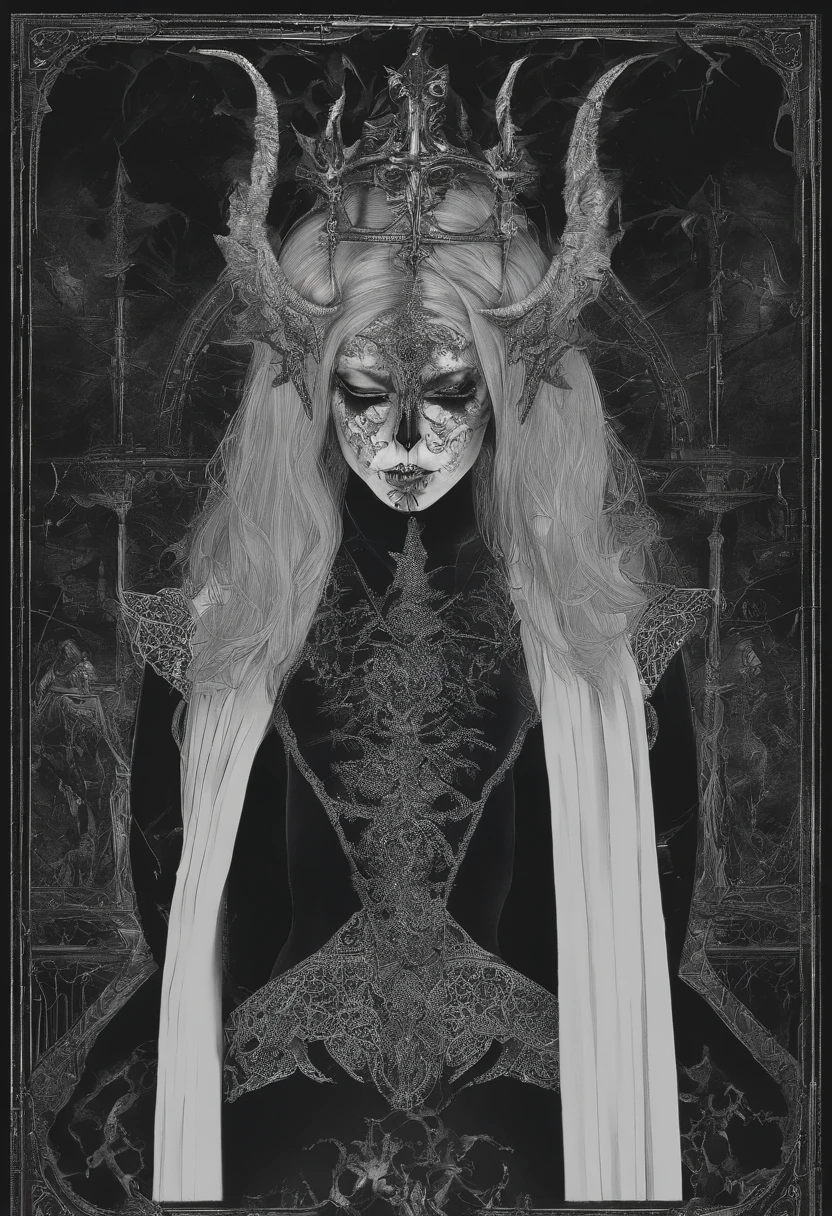 one-girl，Pentagram tattoo，silber hair，Cat's eye pupil，Heteropupil，devil horns，Devil wings，demon tail，Demon armor，A queen，Gold-tone stiletto heels，contempt eyes，Wearing a crown，Wearing a collar，wearing silk stockings，hell，Burning flames，Spooky environment