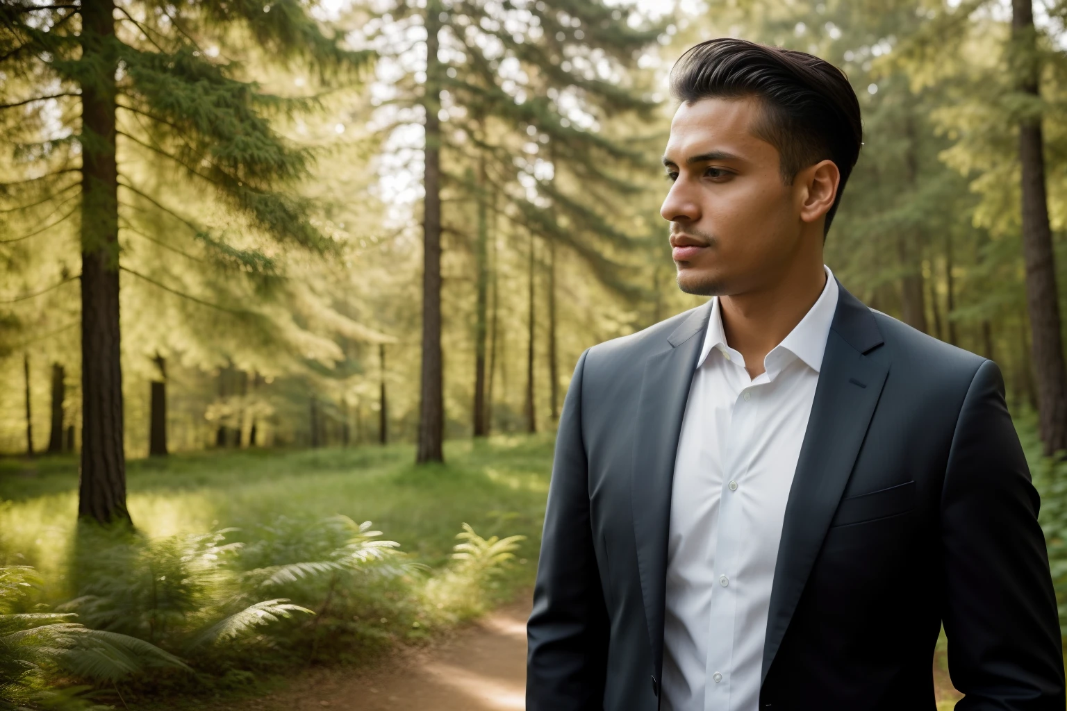there is a man in a suit standing in front of a tree, in front of a forest background, side portrait imagery, riyahd cassiem, portrait shot 8 k, looking to his side, trees in the background, epic and classy portrait, enes dirig, high quality portrait, smooth in _ the background, smooth in the background, shot with sony alpha