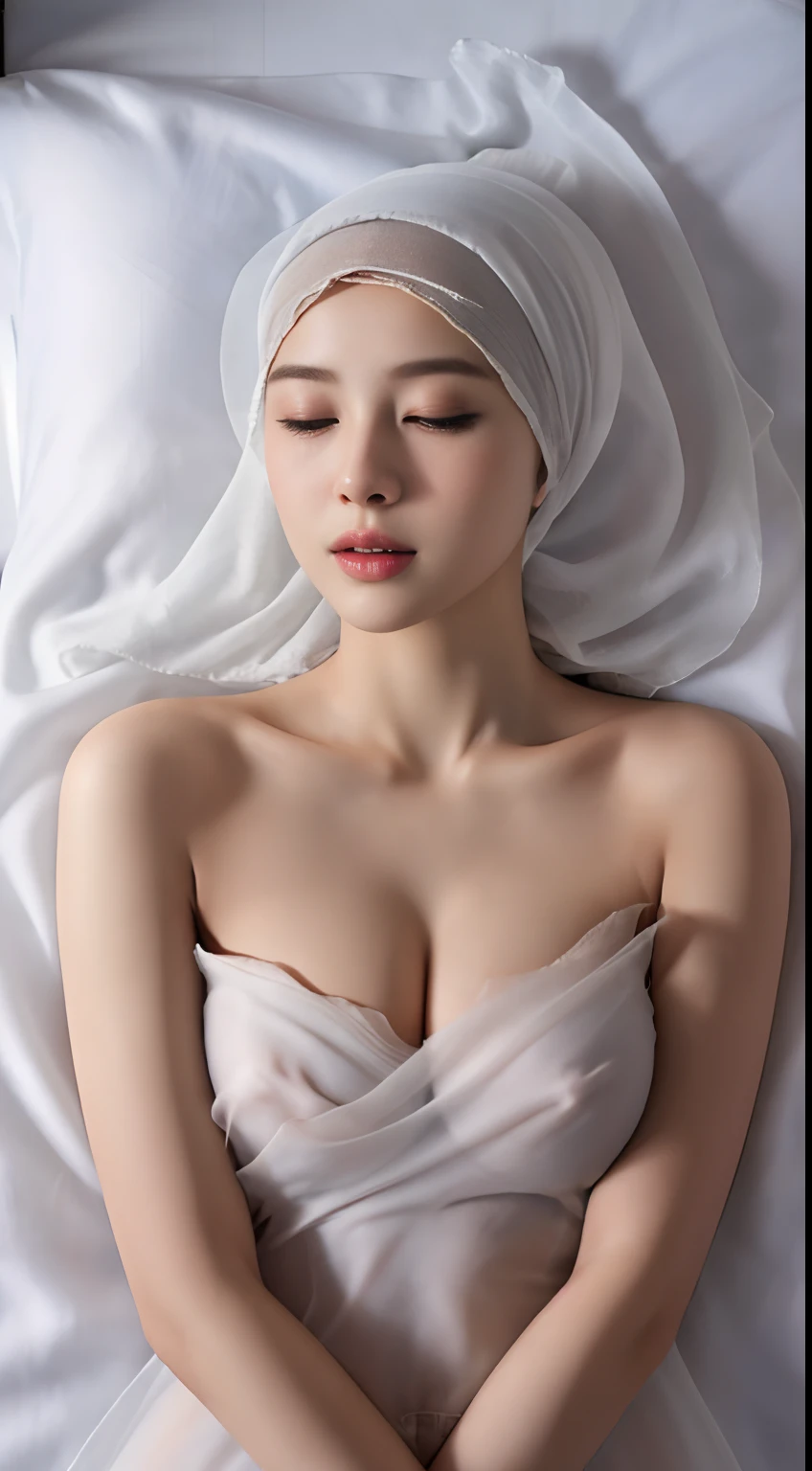 NSFW, (RAW photo, best quality), (realistic, photo-realistic:1.3), 1 girl, solo girl, teens, full body photo, facing the viewers, extremely delicate and beautiful, Amazing, finely detail, masterpiece, ultra-detailed,a lovely female muslim sleeping in the bed, transparent pasmina hijab covering the breast, topless, no bra, detailed breast,closing eyes, bukkake, moam, sharp focus, high quality,medium breast,