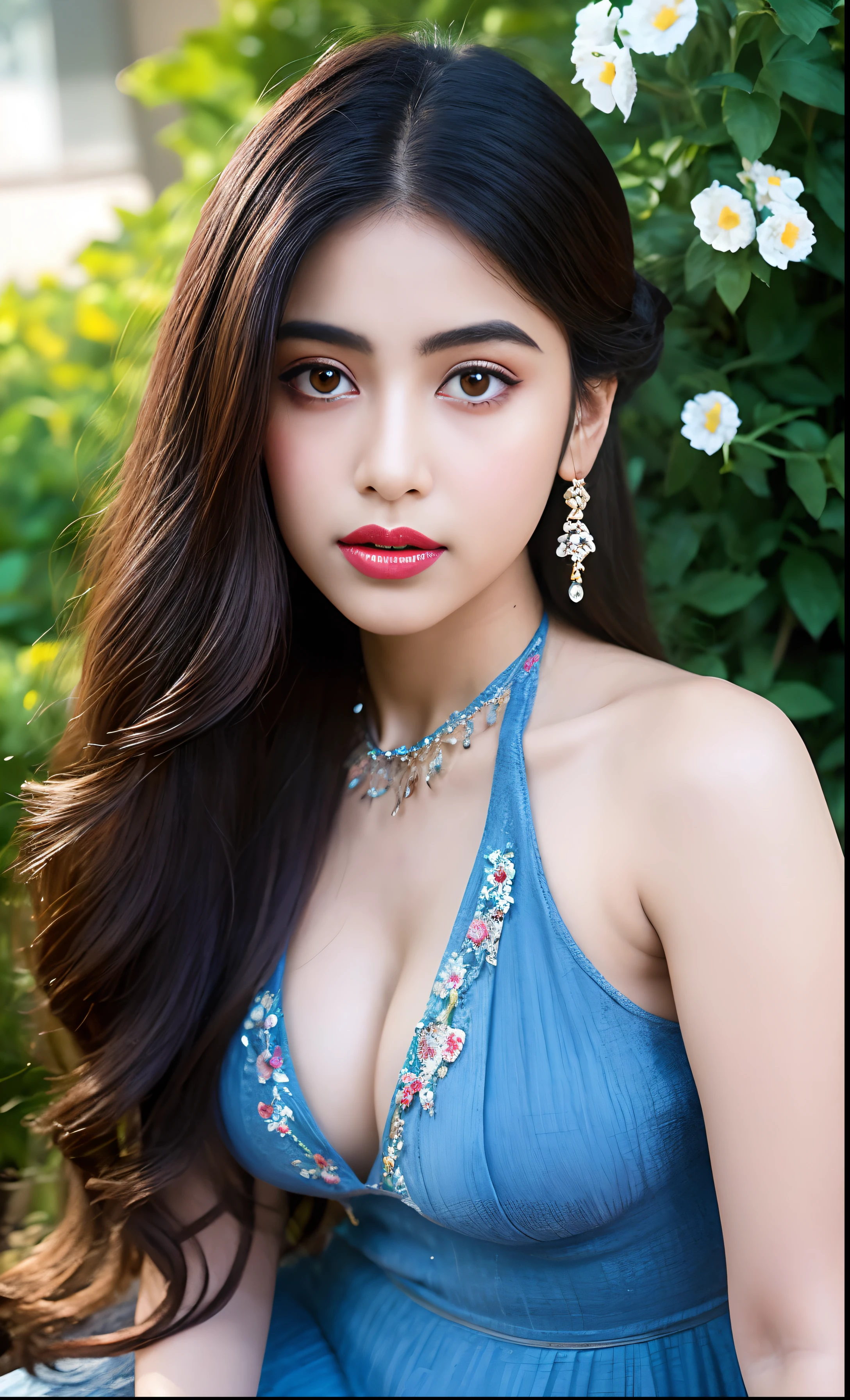 Indian female model janvi kapoor, look at viewer, French braid hair , flower Halter Dress, cleavage, garden landscape design, (rim light), dark red lips, big natural lips
