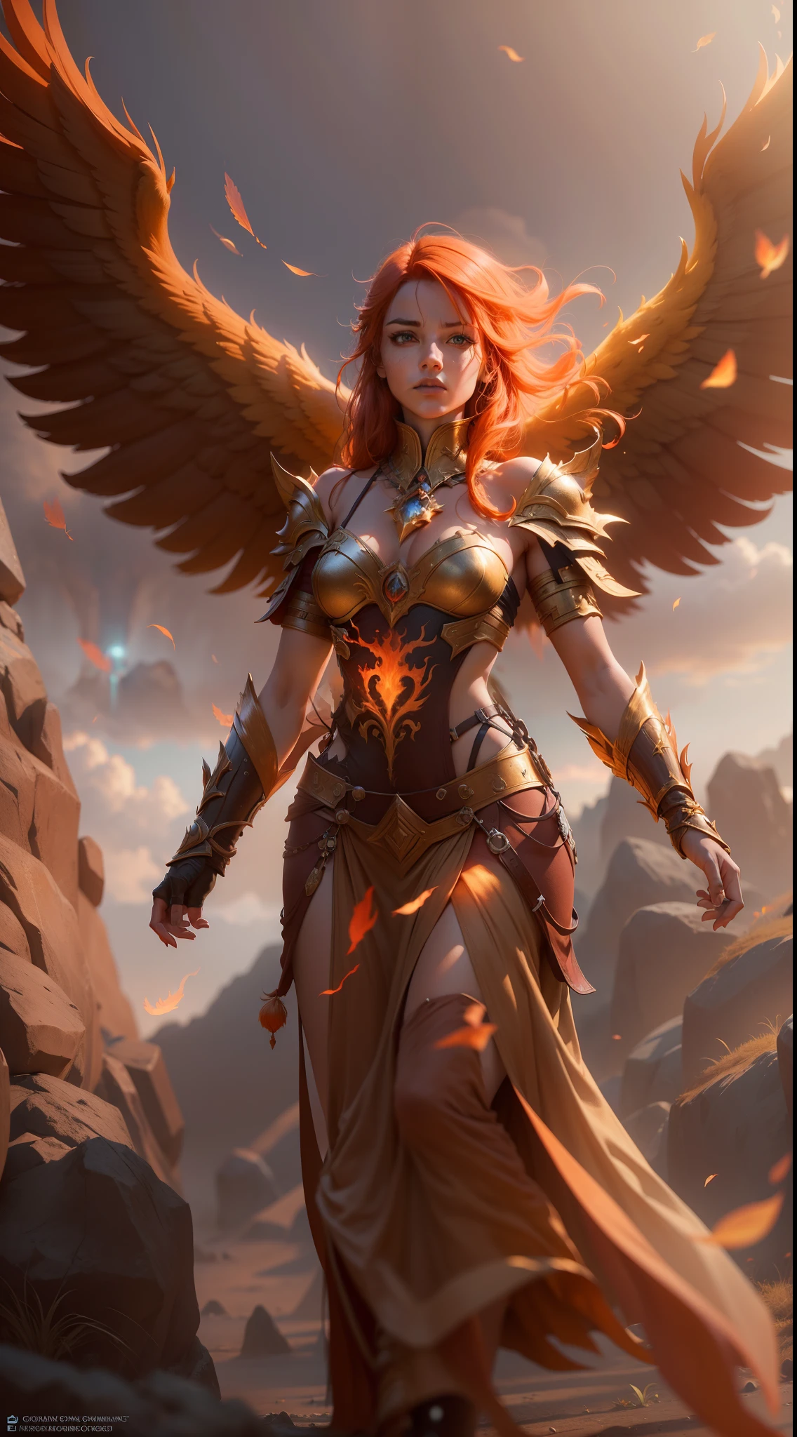 Closeup of a woman with fire and flames on her body, with fiery golden wings of flame, with fiery golden wings, epic fantasy art style, epic fantasy digital art style, feminine lady of change, full portrait of elementalist, Exquisite and epic character art.