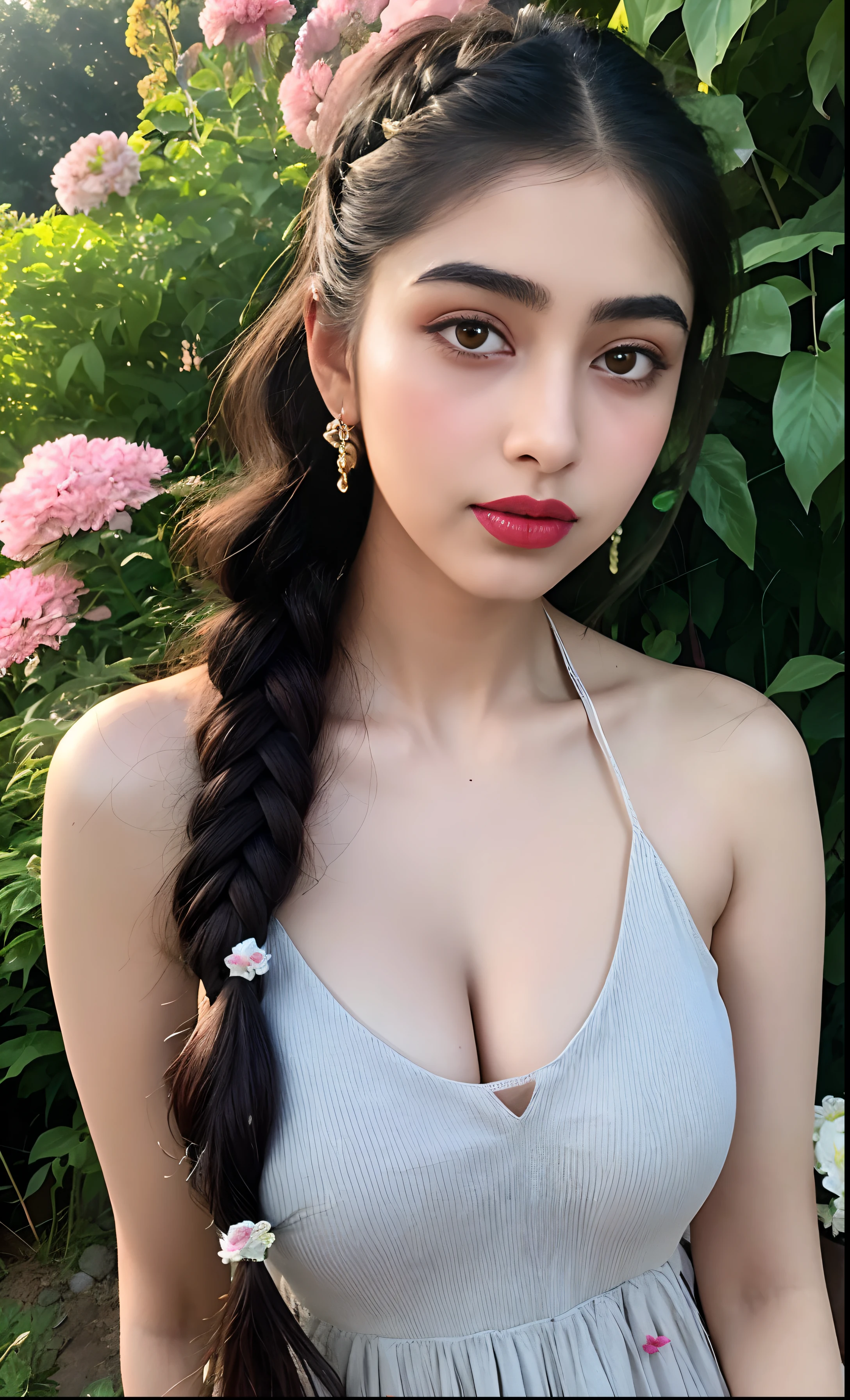 Indian female model janvi kapoor, look at viewer, French braid hair , flower Halter Dress, cleavage,  garden landscape design, (rim light), dark red lips, big natural lips