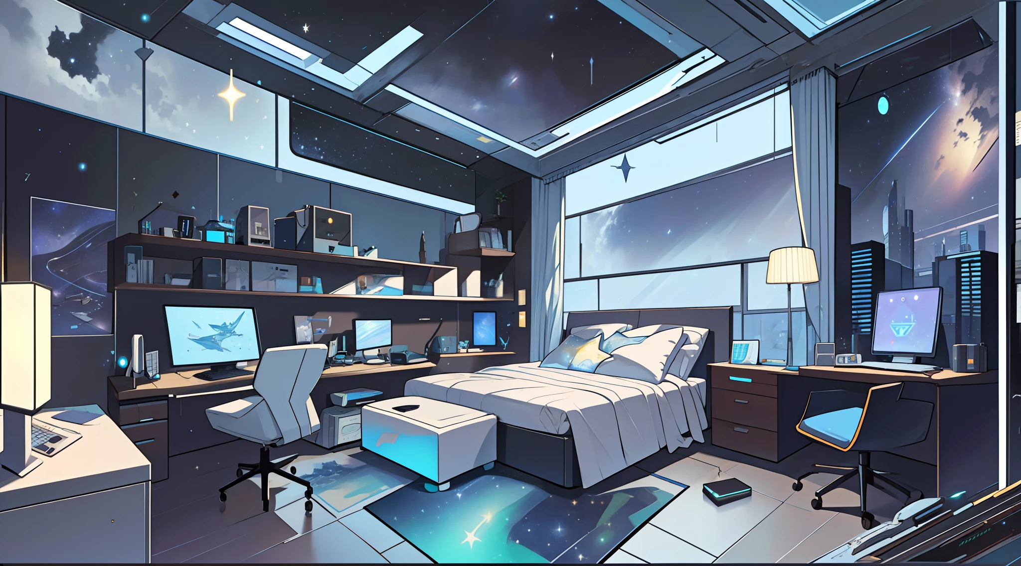 Warm light source Cyberpunk Calm night Tech bedroom Computer desk Microphone light Computer water dispenser Small fluorescent Starry sky Smooth floor Fox minimalism Deconstructivism Fragmentation Gorgeous sculptures Floor-to-ceiling windows Light bed Camera chair Game interface