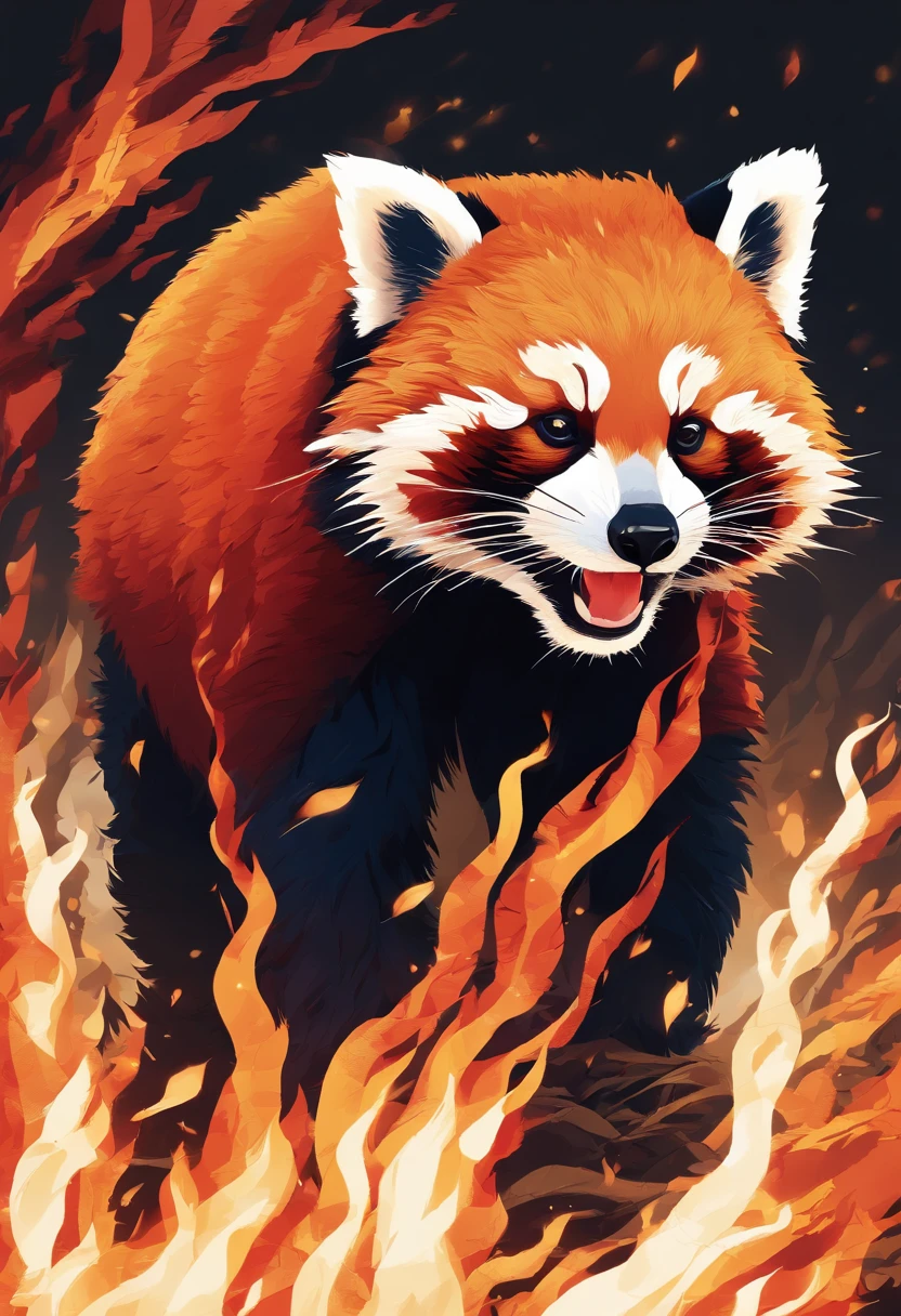 red panda,pokemon,fire powers,flames,burning fur,golden flames,bright red fur,sharp claws,long tail,fire tail,ferocious look,energetic pose,fiery eyes,fierce expression,powerful stance,agile movements,forest background,dappled sunlight,smoke and embers,towering flames,inferno,fire effects,intense heat,dramatic lighting,combustion,blazing inferno,sparkling embers,vivid colors,aesthetic painting style,high saturation,warm color palette,glowing reds,dynamic composition,expressive brush strokes,detailed fur texture,meticulous detailing,realistic rendering,authentic fur patterns,high resolution,photo-realistic,eye-catching artwork,extraordinary abilities,strong emphasis on fire element,legendary creature,vibrant energy,passionate flames,awe-inspiring power,awe-inspiring presence