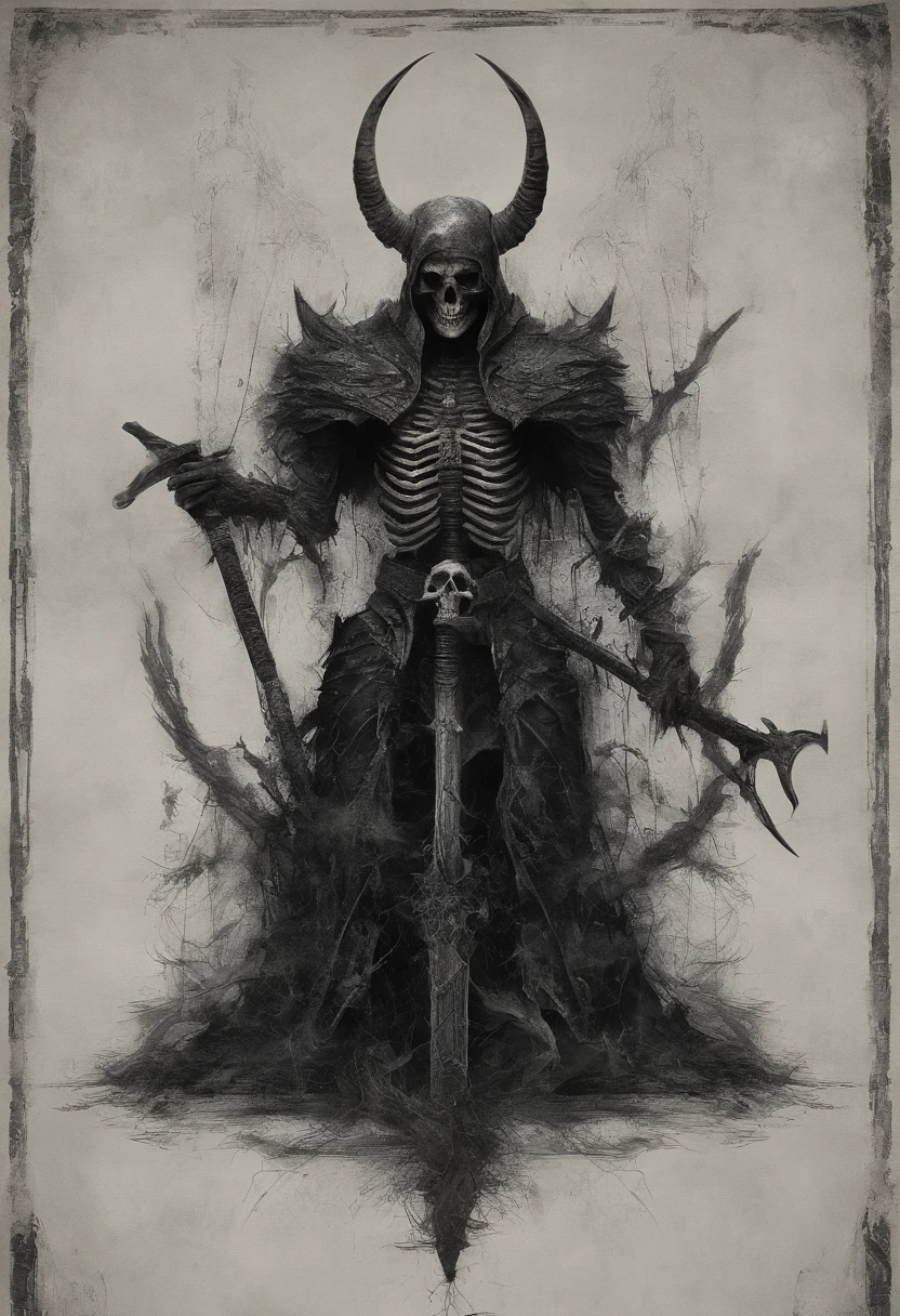 devil horns，Claws，battleaxe，Spooky environment，dentes pontiagudos，Berserker，full bodyesbian，Powerful aura，A strong sense of oppression，incredibly detailed，Red-eyed skeleton，The flames of hell are raging，Skeleton Legion，Ultra photo realsisim