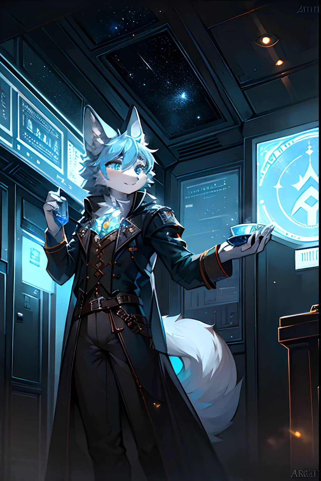 Majestic A light blue arctic fox with a bottle of whiskey of Radiance wandering, Space station, Steampunk in Epril style, Crisp, Radiant, masterpiece, trending on artstation, High Contrast