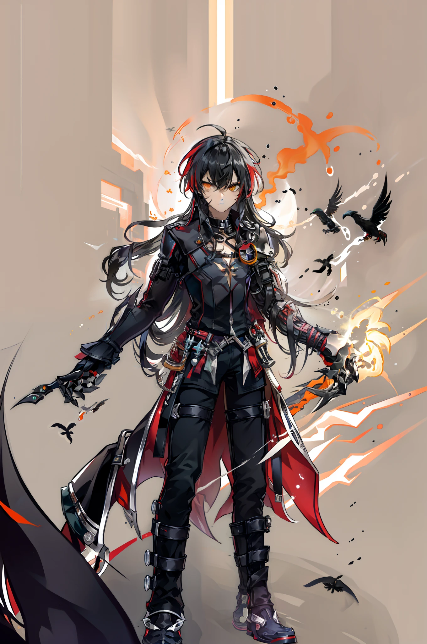 ravenc, 1boy, solo, black hair, long hair, black shirt, single mechanical arm, mechanical arms, bird, crow , raven cronwell, fire, red hair, yellow eyes