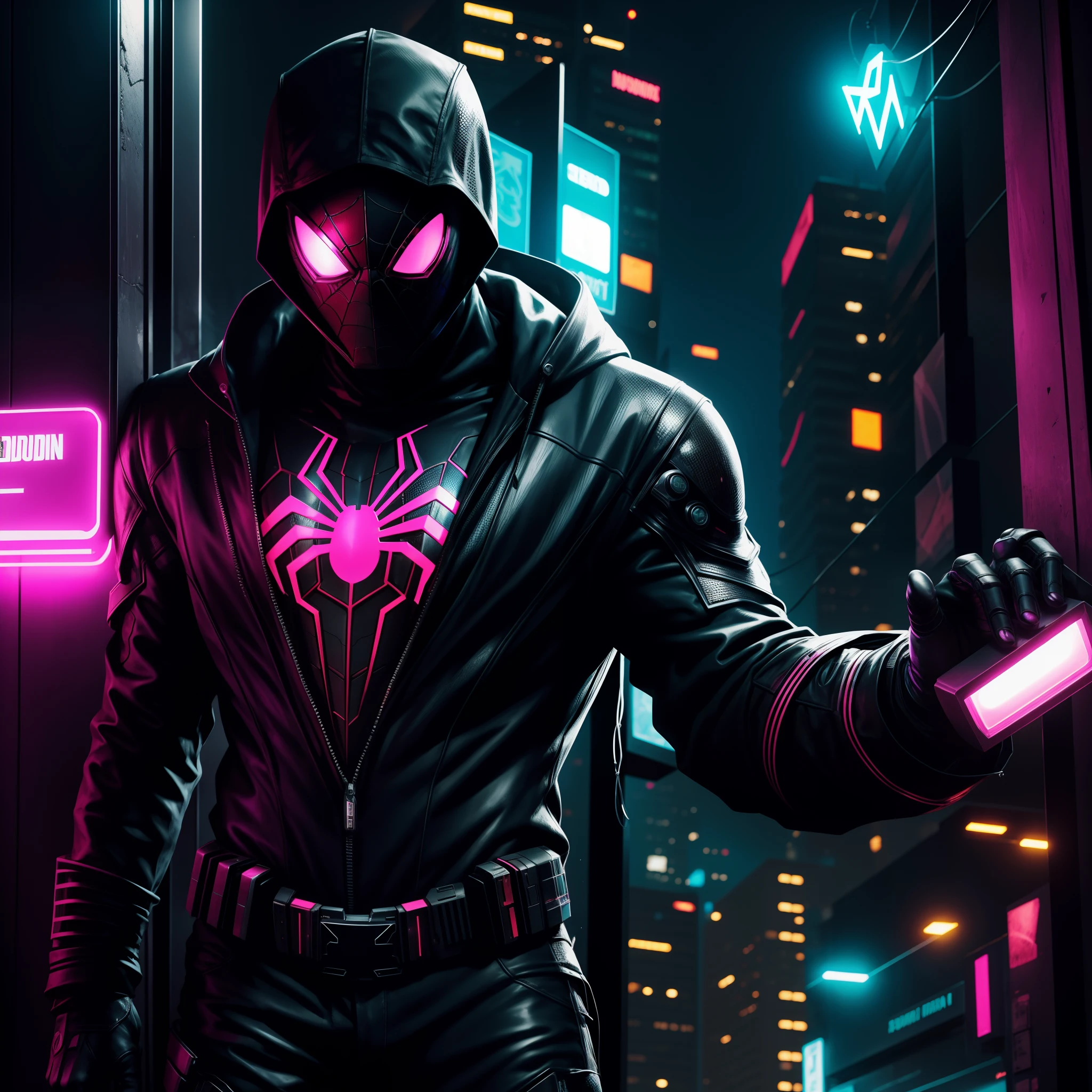Homem-aranha cyberpunk, Neon light, realista, post apocalyptic future