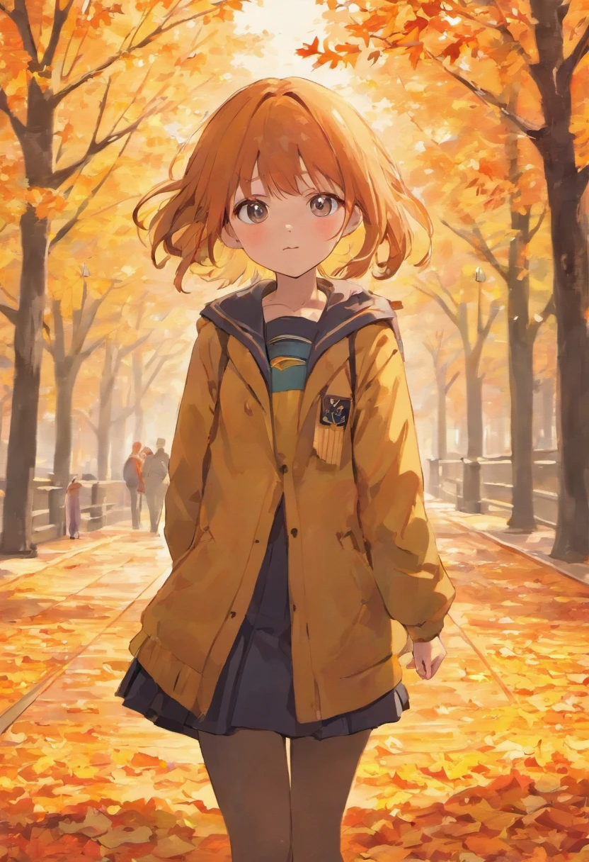 In the autumn park, a high school girl in her uniform is enjoying the sight of fall foliage. Create an image that portrays her in awe of the beauty of the autumn leaves, as if she’s experiencing a memorable moment.