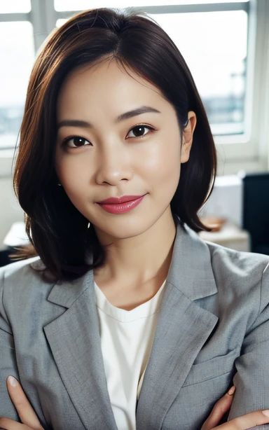 masterpiece,best quality, (1 milf), ((close up:1)), ((cross arms)), glare, gray blazer, white shirt, (Clothes with big Cleavage View:0.2), double eyelid, eyelash, lip gloss, (smile:1), ((close eyes:0.85)), ((open mouth:1, point to own chest:1)), ((Looking at Viewer)), RAW, (from above:0.2), ((nobody)), office,