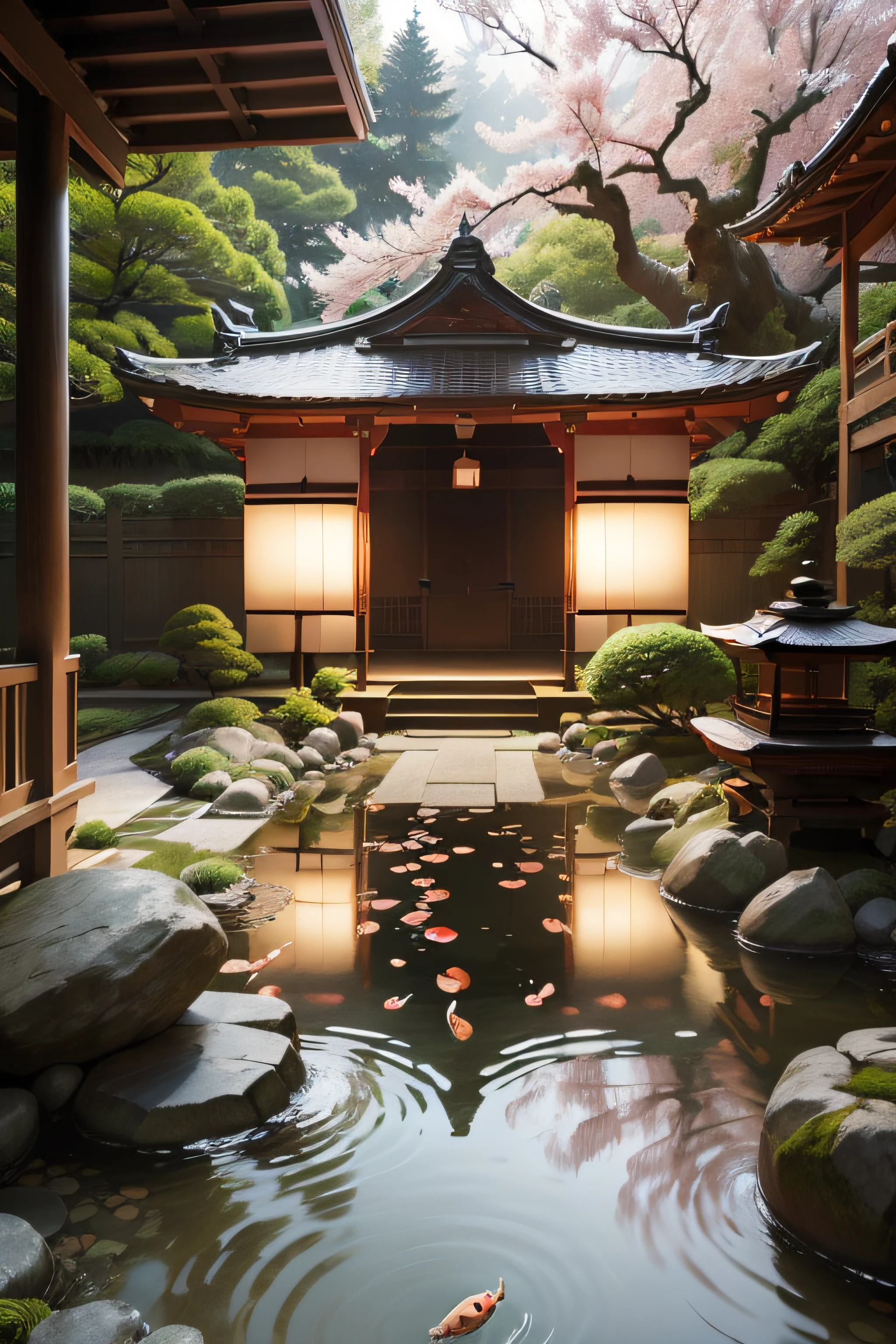 (a peaceful, serene, beautifully landscaped japanese garden:1.1),(lush greenery, verdant foliage),bamboo grove,lotus pond,zen rock garden,ornamental bridge,traditional lanterns,(koi fish swimming gracefully),(stone pathways, meandering trails),(delicate cherry blossom trees),(tranquil water feature),stone pagoda,tea house,aesthetic beauty,(traditional wooden architecture),(subtle, muted color palette),(soft, diffused lighting),(authentic japanese atmosphere),(best quality:1.2,highres),(ethereal and dreamlike),(calm and meditative),(detailed textures),(meticulous attention to detail)