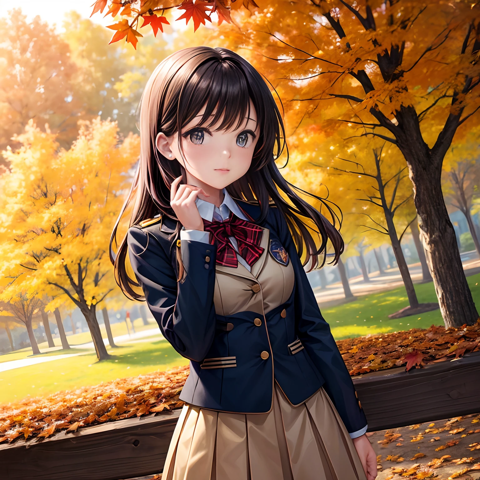 In the park in the fall, High school girl in uniform enjoying the sight of autumn leaves. Create an image depicting her in awe of the beauty of autumn leaves, As if you are experiencing a memorable moment.