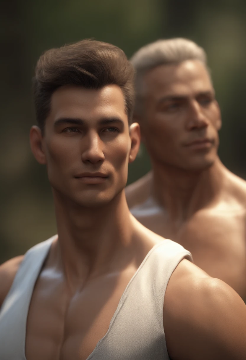 a close up of two men with no shirts on standing next to each other, 3 d daz occlusion, realistic body structure, head and torso only, detailed body and face, muscular character, body meshes, anatomy for sculptors, extreme detailed face and body, muscular bodies, centralized head and upper torso, head and upper body only