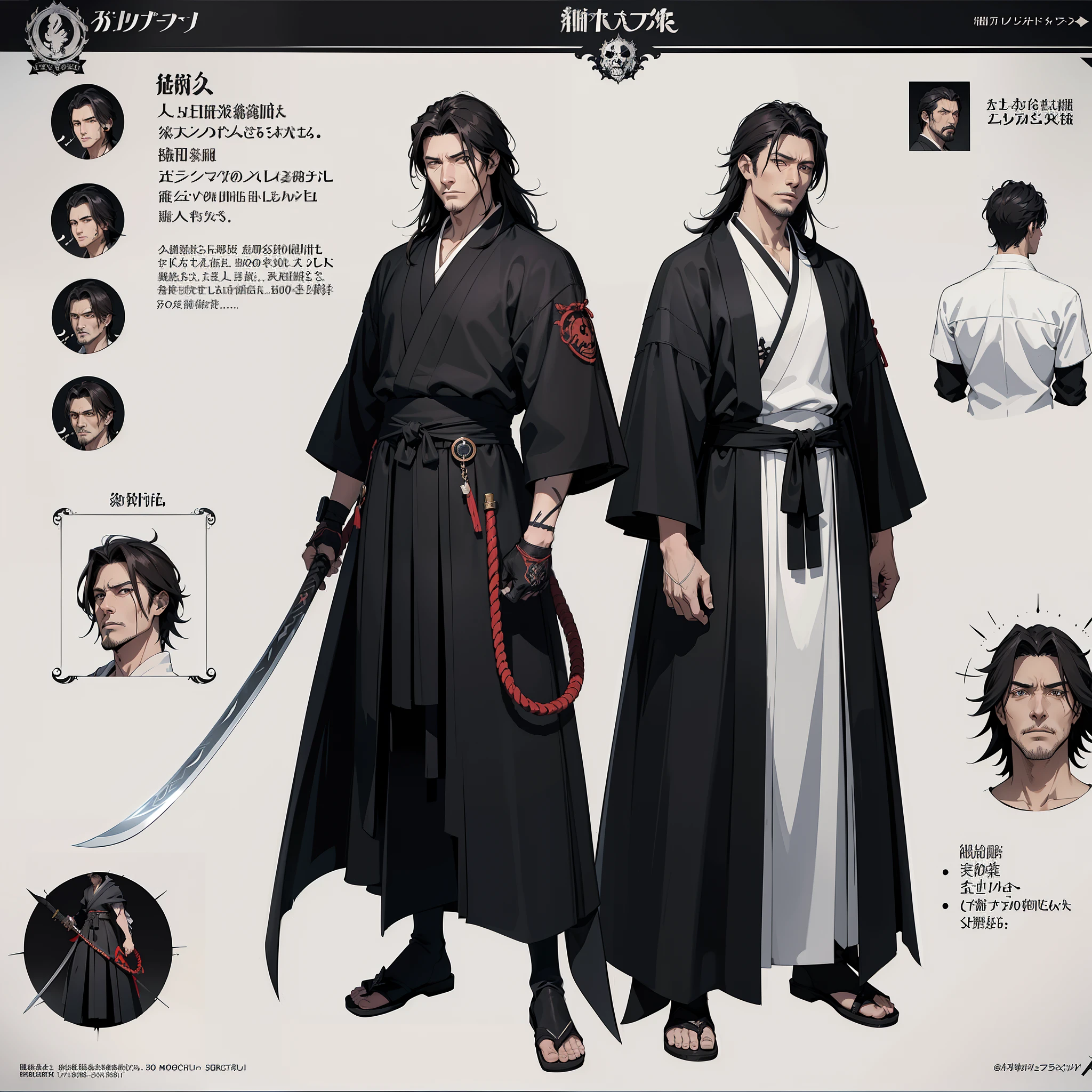 character chart、((Anthropomorphic Lion Man、Close up of a 50-year-old man、Men with dark hair))、Kubo Obito Style、((character concept art))、((CharacterDesignSheet、the same character、gauges、Lateral face、on  back))、comic strip「bleach」character art、video game characters designs、video game characters designs、Manga Bleach、Grim Reaper Costume、expert high detail concept art、Japan sword concept art、interesting character design、Men's knives、White and black samurai costume、Japan sword at the waist、Special forms of sword weapons、