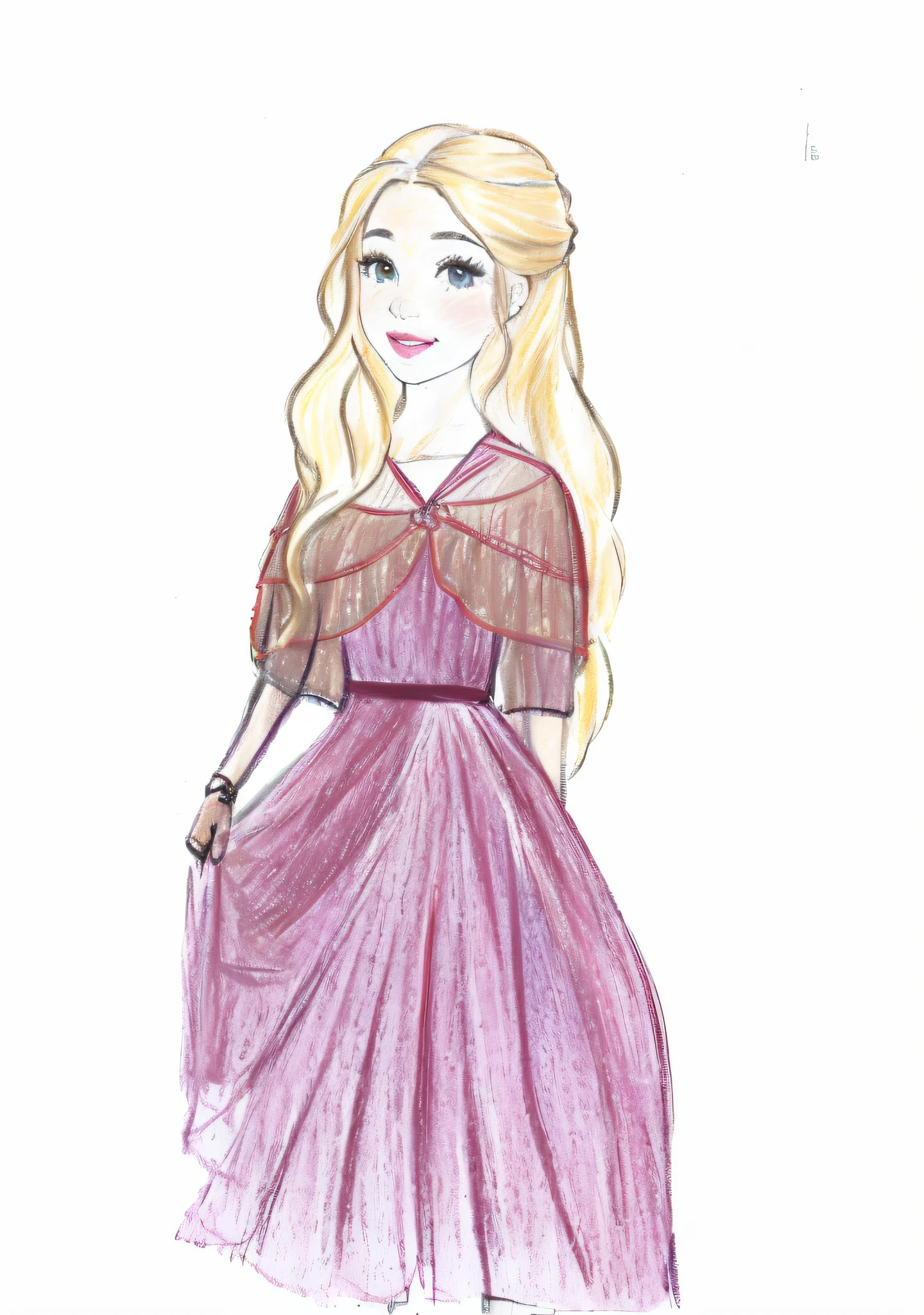 a drawing of a girl in a pink dress with a bow, colorful sketch, No estilo de arte Bowater, inspired by Emma Ríos, Loira - Princesa Cabelos, desenho colorido, Inspirado em Reyna Rochin, Desenhado no estilo de Mark Arian, inspirado em Ann Thetis Blacker, vestido em um vestido roxo, vestido com uma renda medieval