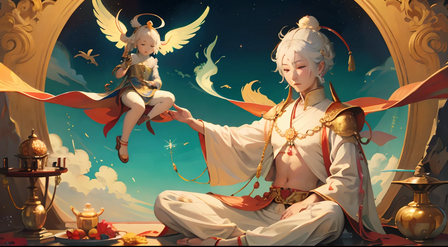 Buddha and God,Such as Buddha,Eighteen arhats,Avalokiteshvara,Auspicious clouds,Skysky,Flying fairy,Dunhuang Mogao Grottoes,Wall paintings,Streamers,White yarn,k hd,