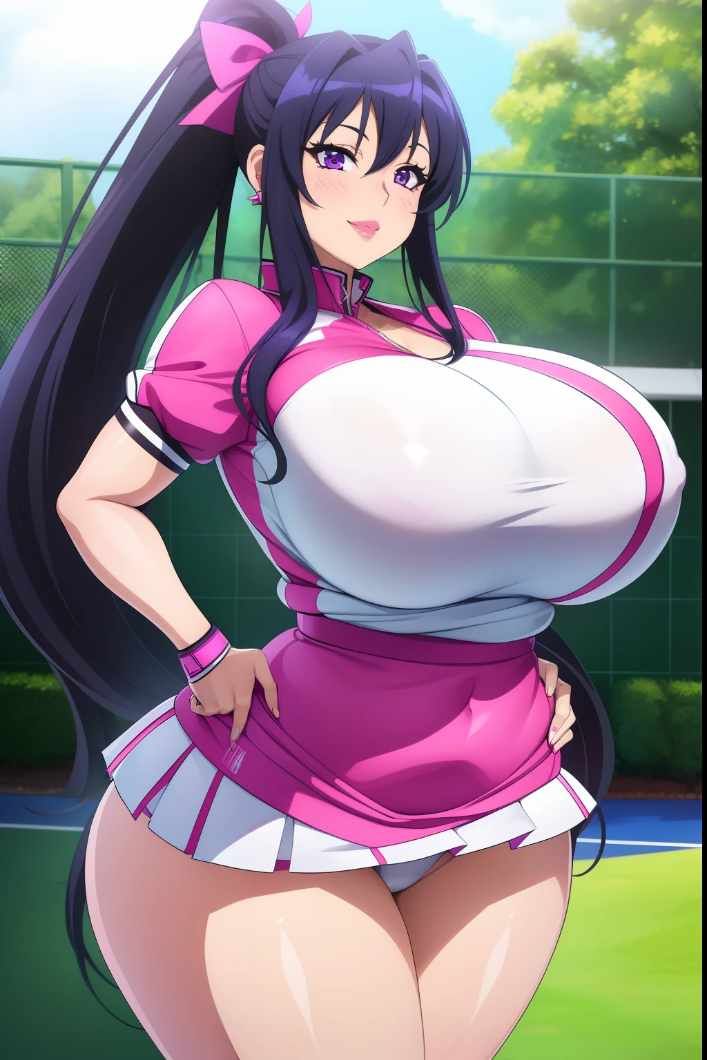 Akeno Himejima, 1girl, (((bimbo))), long blue gray hair, purple eyes, ear rings, (((bimbo))), puffy lips, painted lips, thick lips, smile face, wide hips, thick thighs, huge round ass, huge natural Hitomi Tanaka breasts, tennis outfit, white panties, short skirt,