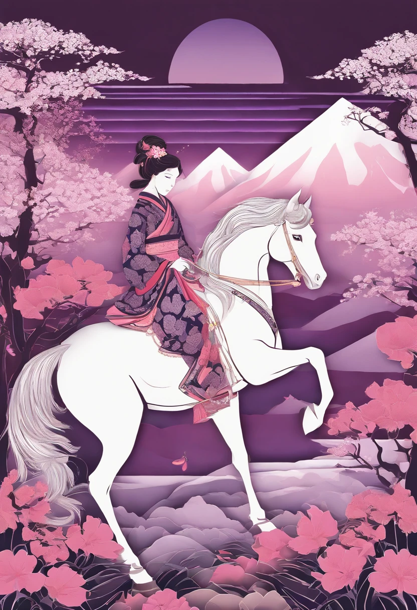 japanese female,riding,armored japanese horse,beautiful detailed eyes,beautiful detailed lips,extremely detailed eyes and face,long eyelashes,traditional japanese clothing,sakura blossoms floating in the background,bamboo forest,majestic mountain range,illuminated by soft sunlight,serene expression,confident posture,vibrant colors,highres,physically-based rendering,portraits,Japan-landscape,subtle pink and purple hues,stunning lighting effects