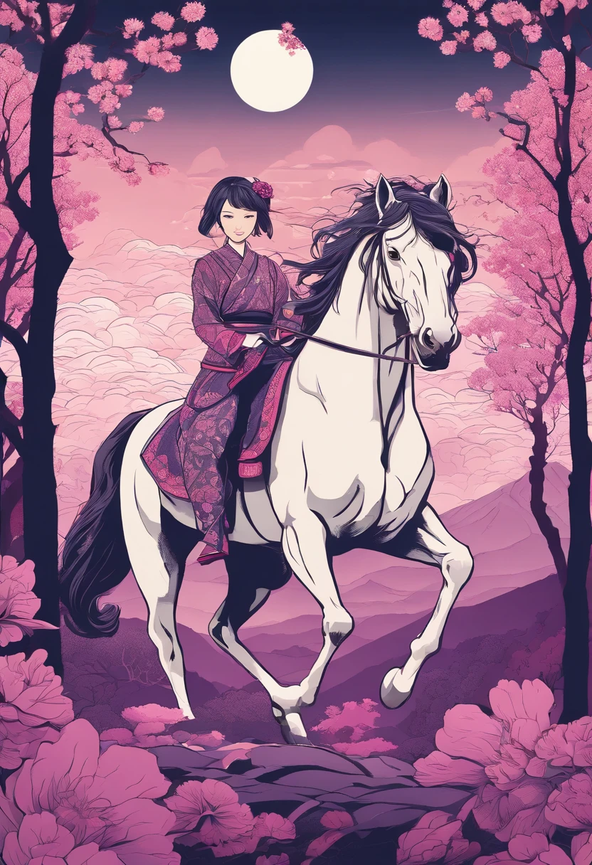 japanese female,riding,armored japanese horse,beautiful detailed eyes,beautiful detailed lips,extremely detailed eyes and face,long eyelashes,traditional japanese clothing,sakura blossoms floating in the background,bamboo forest,majestic mountain range,illuminated by soft sunlight,serene expression,confident posture,vibrant colors,highres,physically-based rendering,portraits,Japan-landscape,subtle pink and purple hues,stunning lighting effects