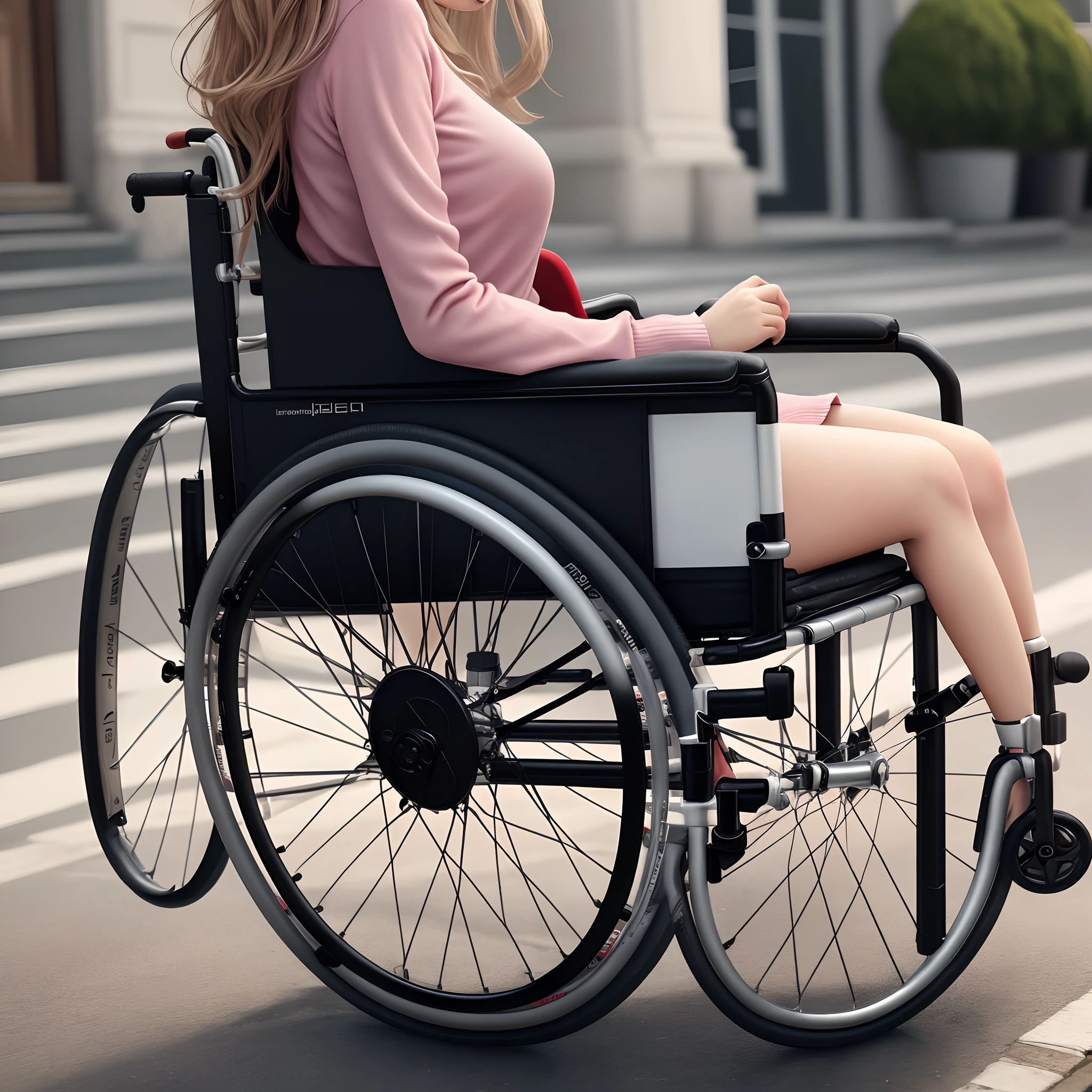 Creates a realistic young woman in a skirt in a wheelchair and with her right leg in a cast