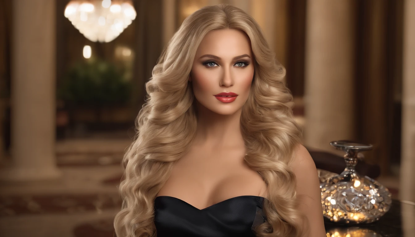 (best quality,4k,8k,highres,masterpiece:1.2),ultra-detailed,(realistic,photorealistic,photo-realistic:1.37),sexy blond woman,long wavy hair,beautiful detailed eyes,big breasts, beautiful detailed lips,seductive gaze,gorgeous face,perfectly shaped body,sophisticated fashion style,high heels,confident posture,posing in a luxurious setting,exquisite jewelry,vivid colors,soft and warm lighting,glamorous and elegant atmosphere,graceful and alluring, artful composition