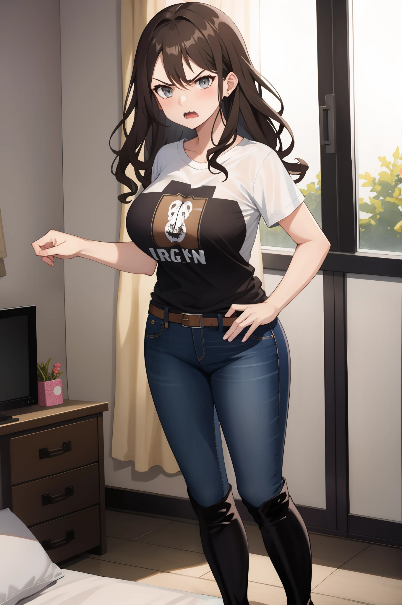 one girl, brown hair, wavy hair, grey eyes, big breasts, t-shirt, jeans, angry, open mouth, bedroom, thigh boots, standing