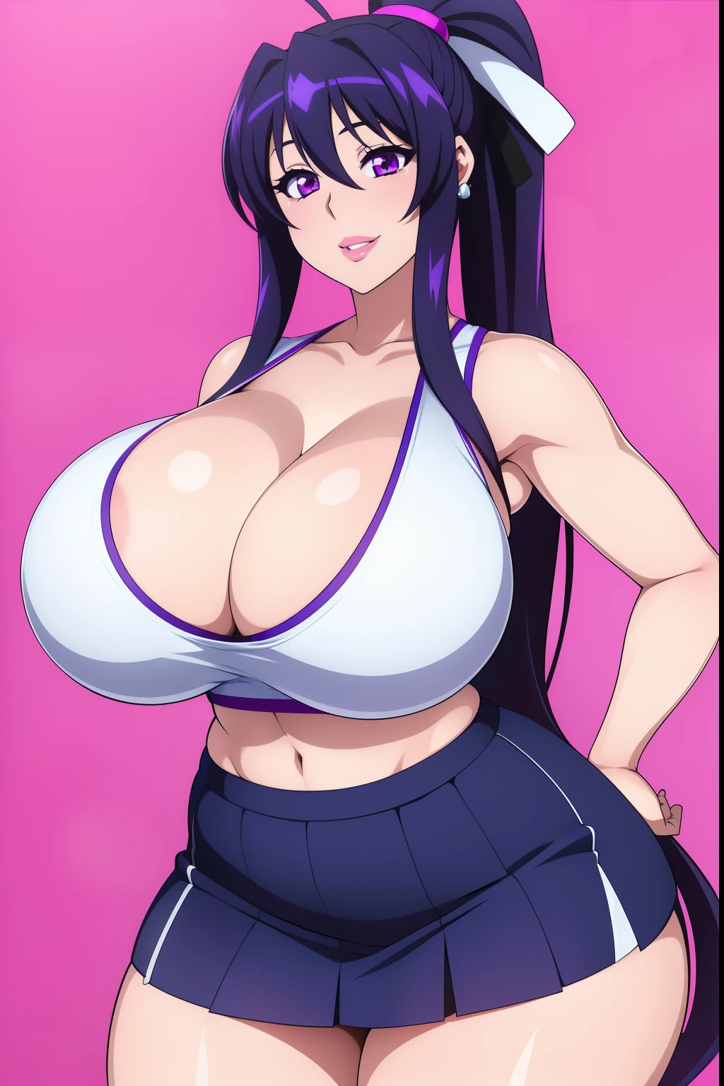 Akeno Himejima, 1girl, (((bimbo))), long blue gray hair, purple eyes, ear rings, (((bimbo))), puffy lips, painted lips, thick lips, smile face, wide hips, thick thighs, huge round ass, huge natural Hitomi Tanaka breasts, tennis outfit, white panties, short skirt, Sports bra,