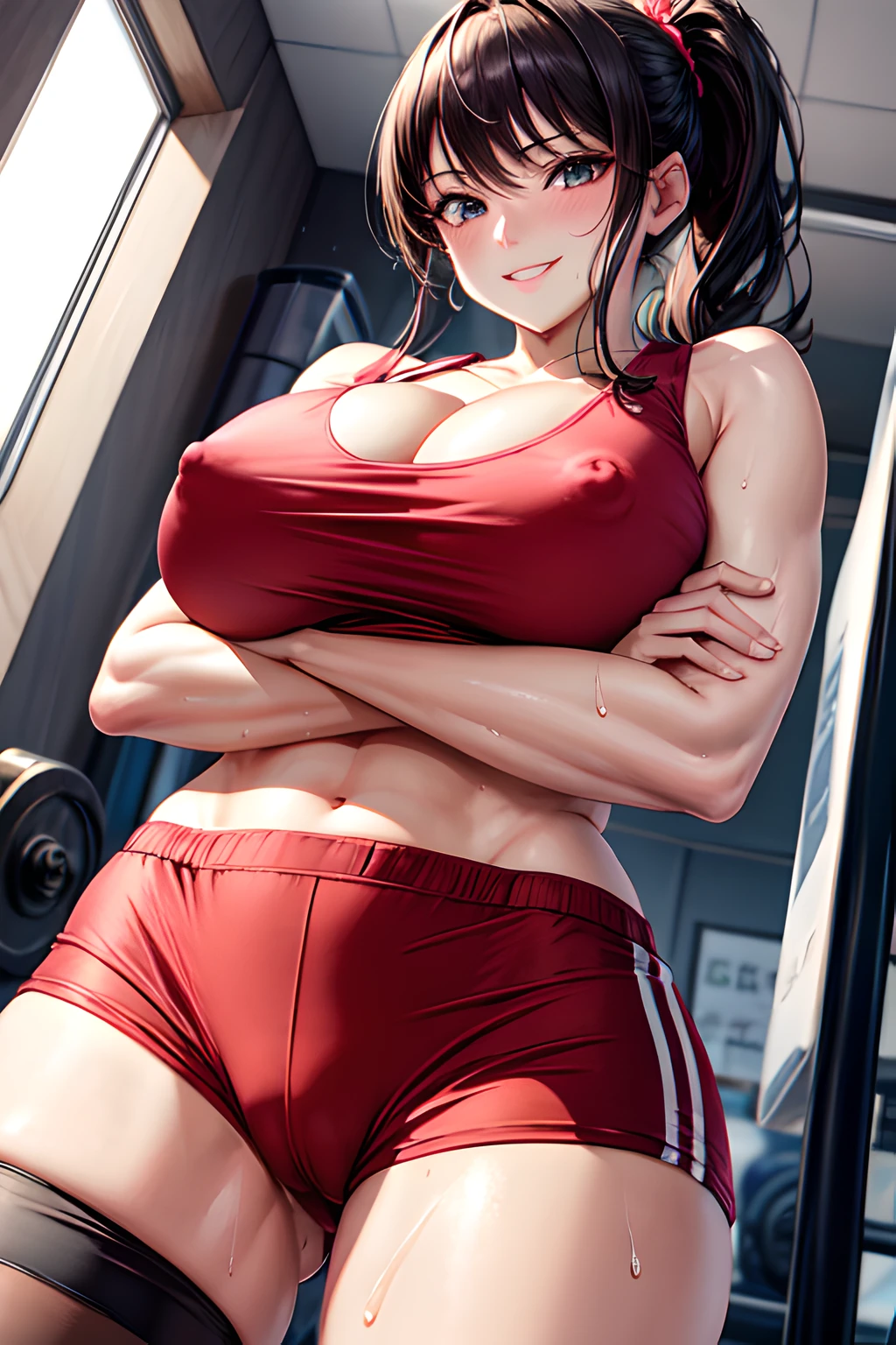 8k,Best Quality,masterpiece,Extremely detailed,(nsfw),1girl,japanese woman,(big breasts:1.3),cleavage,covered nipples,[[cameltoe]],voluptuous body,(Tank tops:1.3),(Hot Pants:1.3),bare legs,ponytail,disdain smile,(sweat on breasts and tights:1.1),(crossed arms),(from below),looking at viewer,cowboy shot,((gym:1.2)),