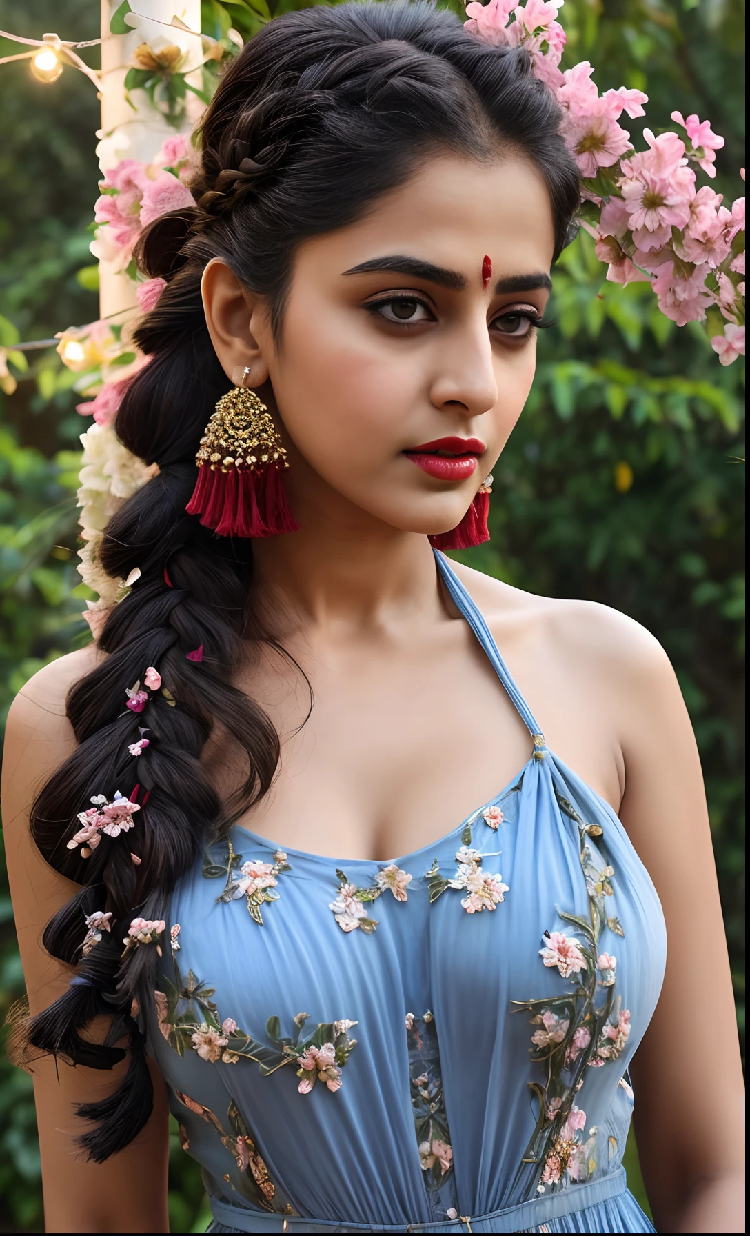 Indian female model rubina tandon, look at viewer, French braid hair , flower Halter Dress, cleavage, garden landscape design, (rim light), dark red lips, big natural lips