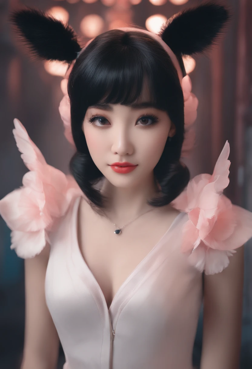 black hair, hair bobbles, wince, longeyelashes, solid circle eyes, fake animal ears, light smile, ear blush, fang, Surrealism, drop shadow, anaglyph, stereogram, tachi-e, pov, atmospheric perspective, 8k, super detail, ccurate, best quality